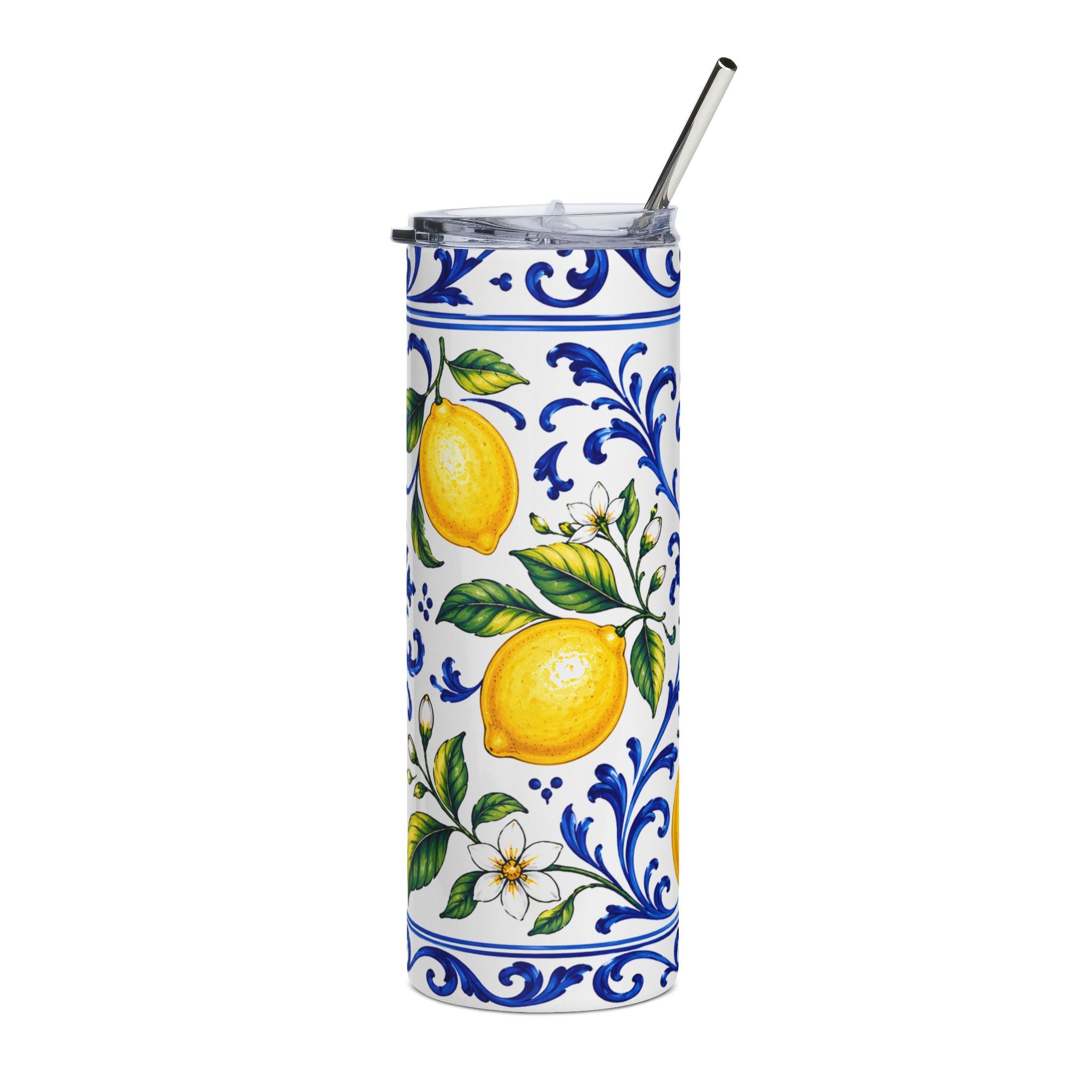 Little Italy Amalfi Blue and White with Lemon Stainless Steel Tumbler — 20oz Insulated Citrus Pattern Travel Cup