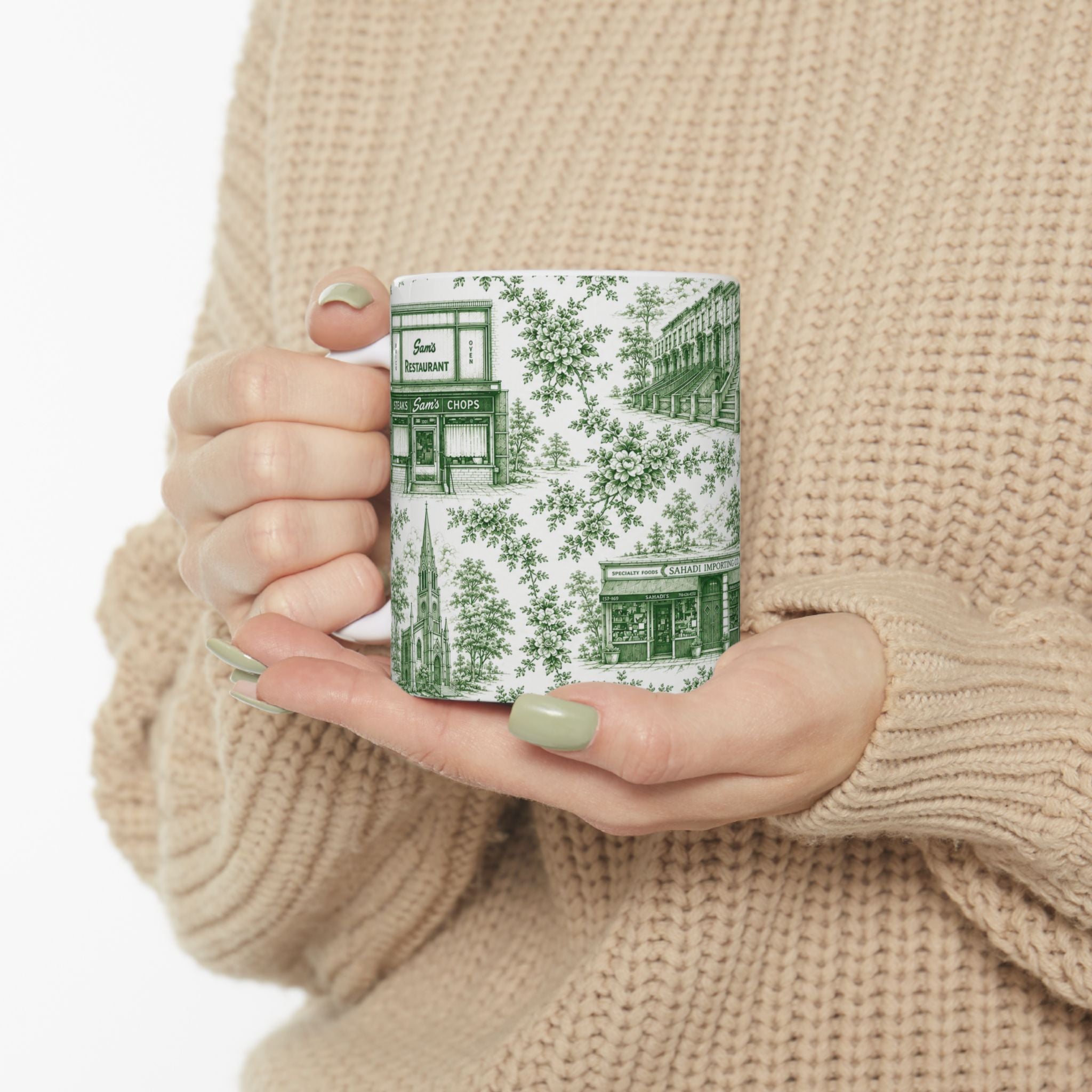 Cobble Hill Green Toile de Jouy Mug | NYC Chinoiserie Ceramic Coffee Cup