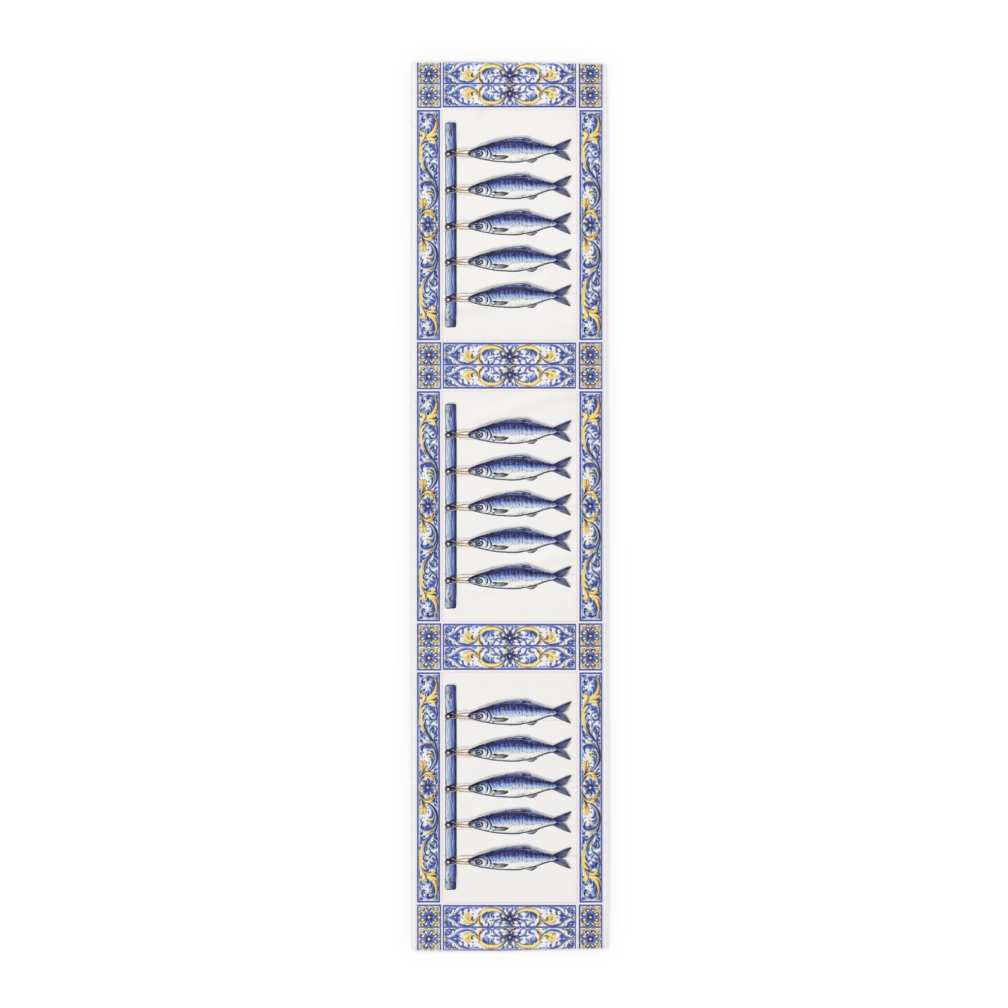 Chemin de table East Hampton carreaux de ciment bleus et jaunes motif poisson — Décor de cuisine sardines bleues, accent de table côtier