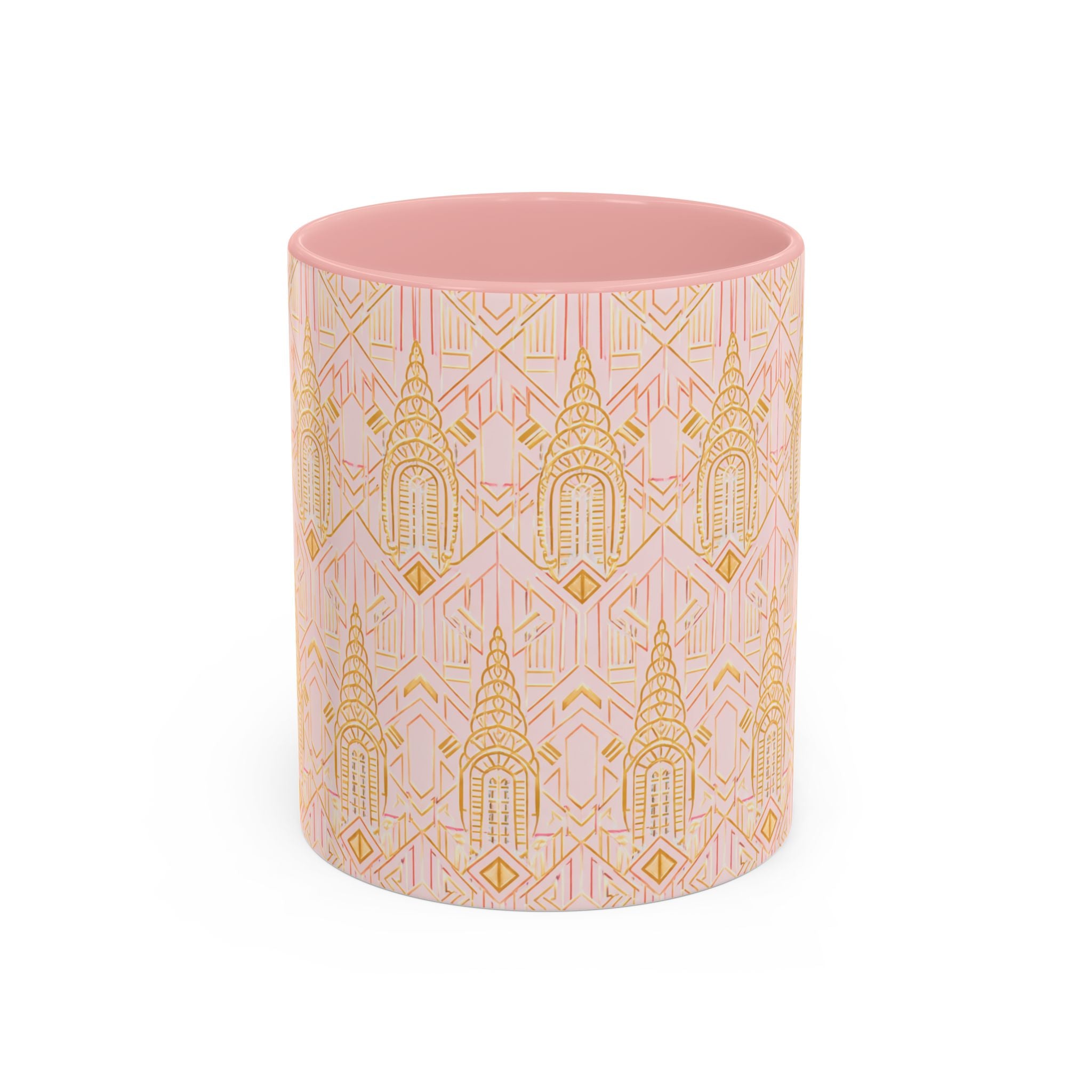 Art Deco Chrysler Building Pink & Gold Accent Coffee Mug — Manhattan Art Deco Pattern Mug 11 oz