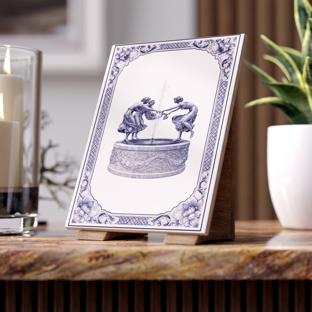 Central Park Untermeyer Fountain Blue and White Azulejos-style Ceramic Shower Tile 6" x 8"