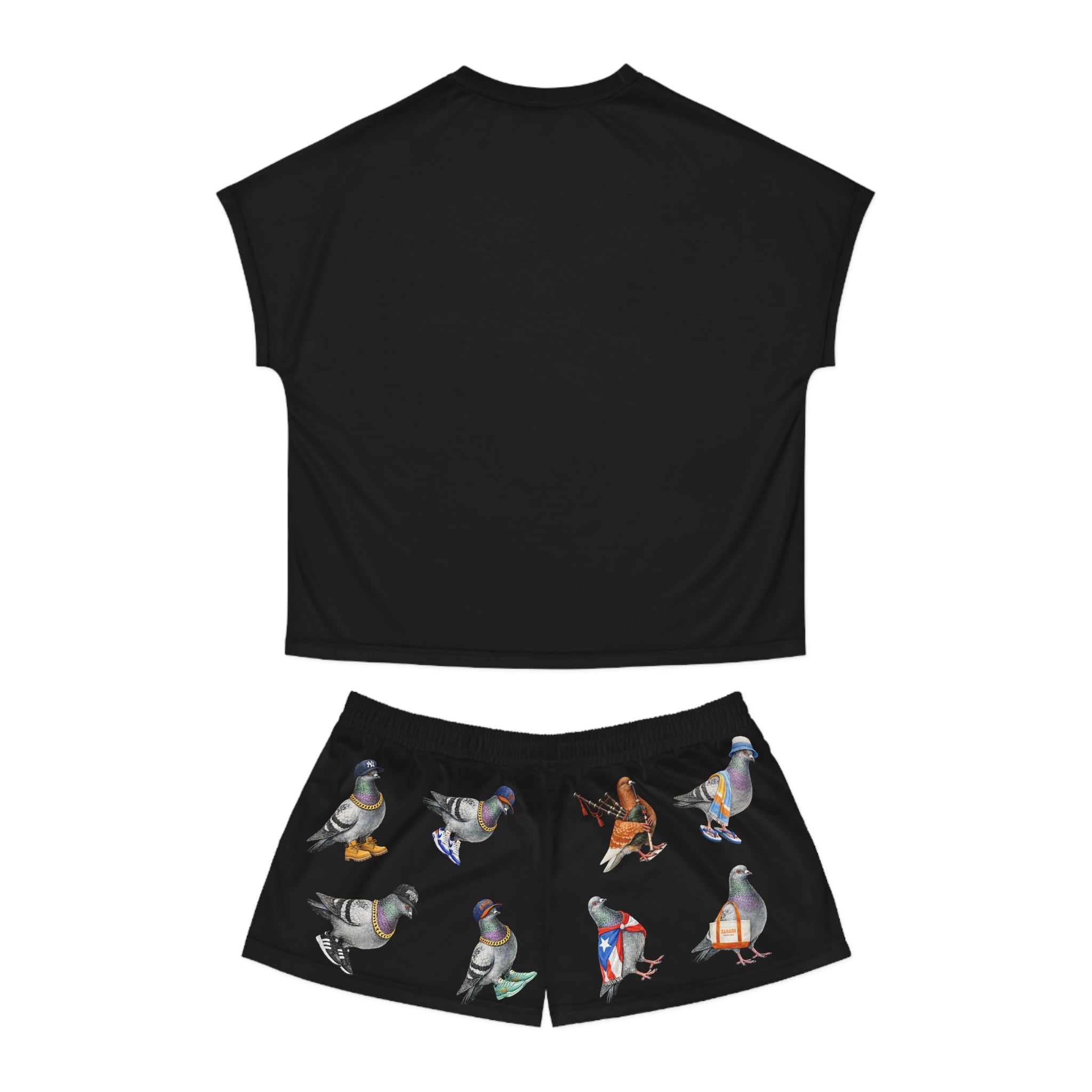 Black NYC Pigeons Pattern Short Pajama Set | New York City Bird Lovers Print PJs Cozy Sleepwear