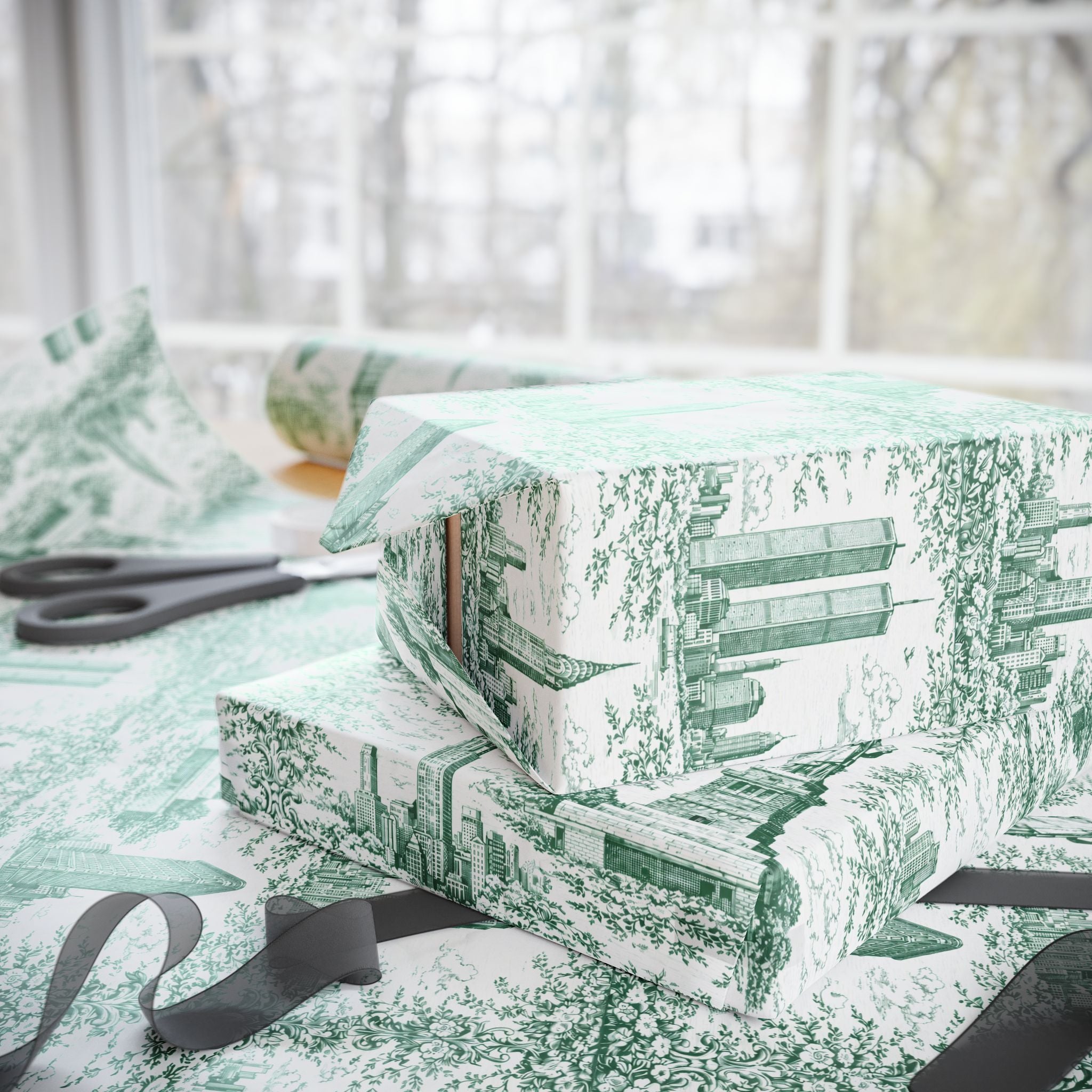 Manhattan NYC Green Toile Gift Wrapping Papers   Chinoiserie New York City Gift Wrap Empire State Building Twin Towers Statue of Liberty