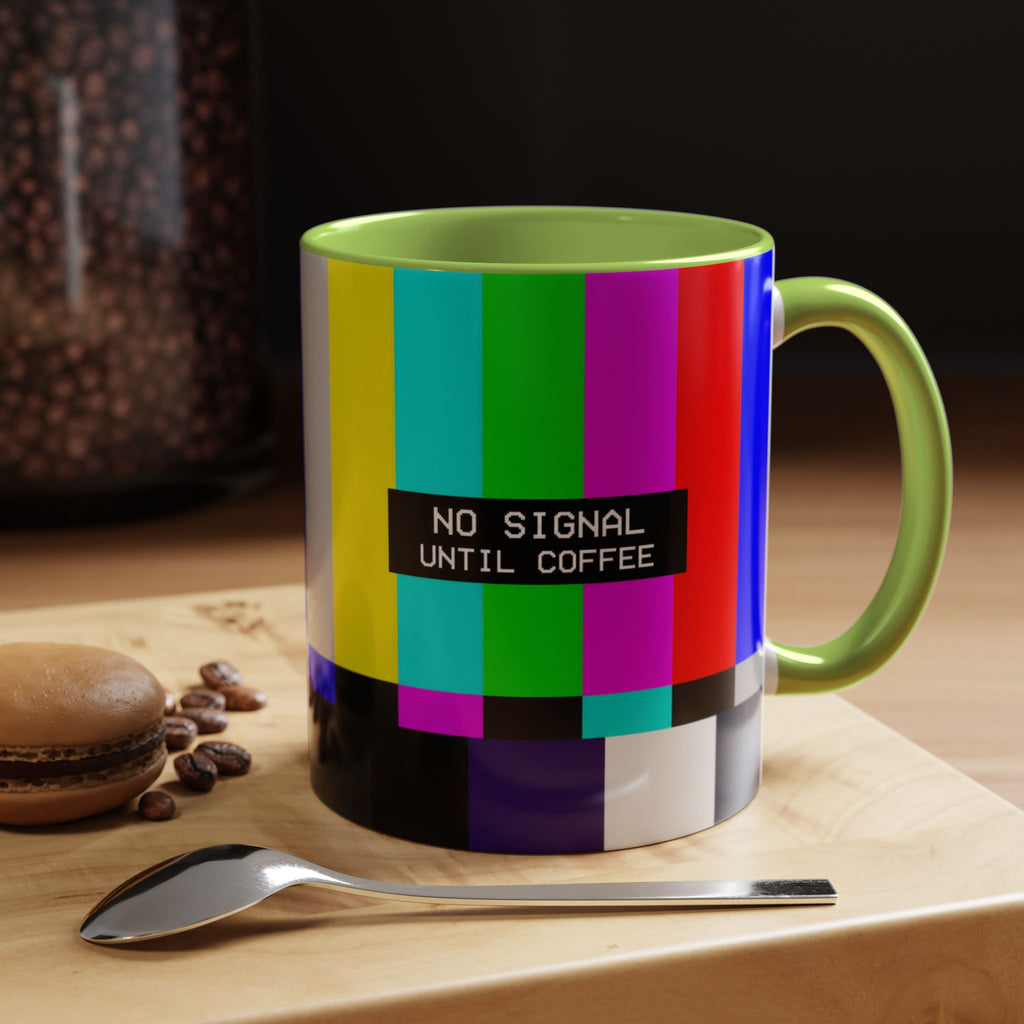 "No Signal Until Coffee" Accent Mug —  TV Rainbow Test Pattern Coffee Mug