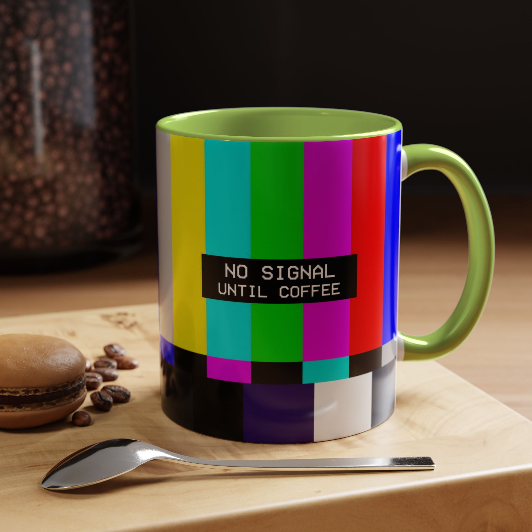 "No Signal Until Coffee" Accent Mug —  TV Rainbow Test Pattern Coffee Mug