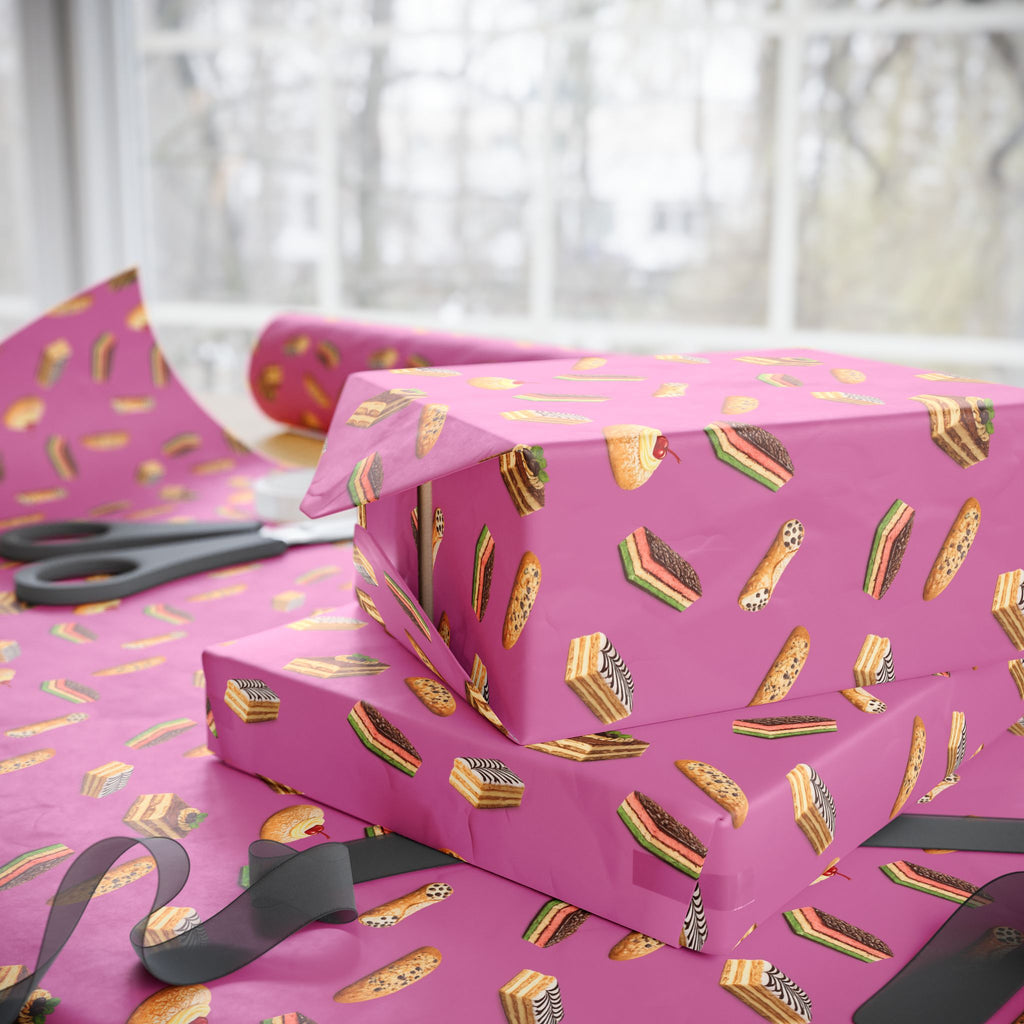 Italian Bakery Pastry Pattern Gift Wrap Paper | Pink Bakery Pastries Wrapping Paper Roll
