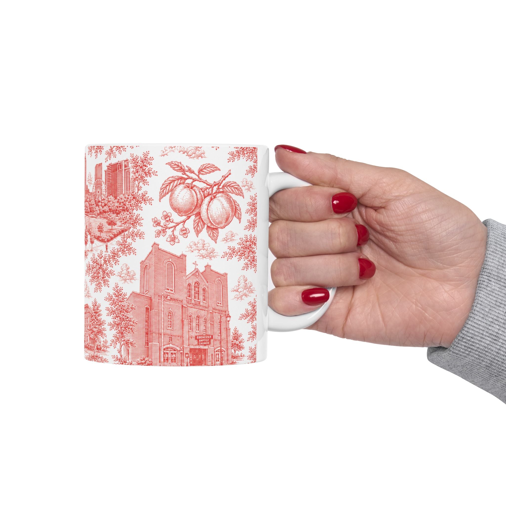 Atlanta Red Toile de Jouy Ceramic Mug — Atlanta, Georgia Skyline & Capitol Illustration (11oz)