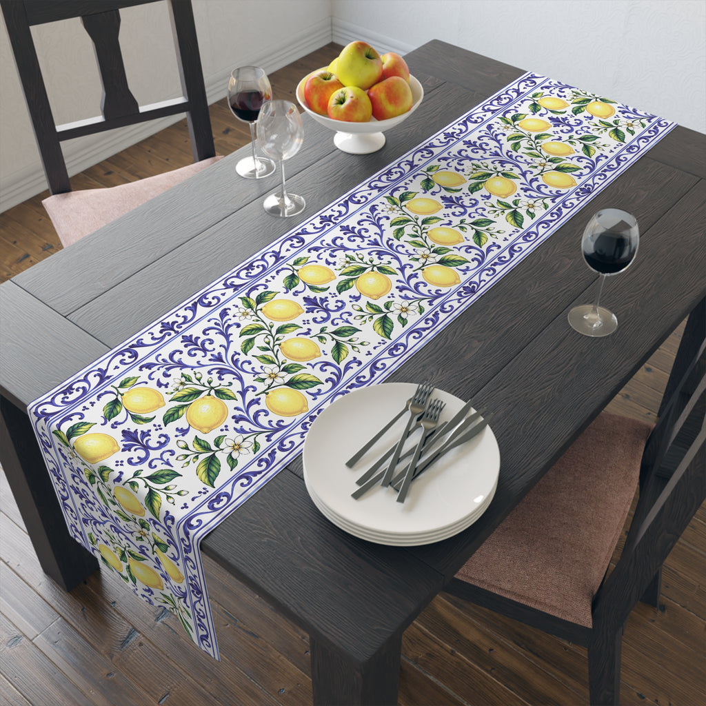 Little Italy Amalfi Blue and White with Lemon Table Runner – Mediterranean Blue & Yellow Dining Decor