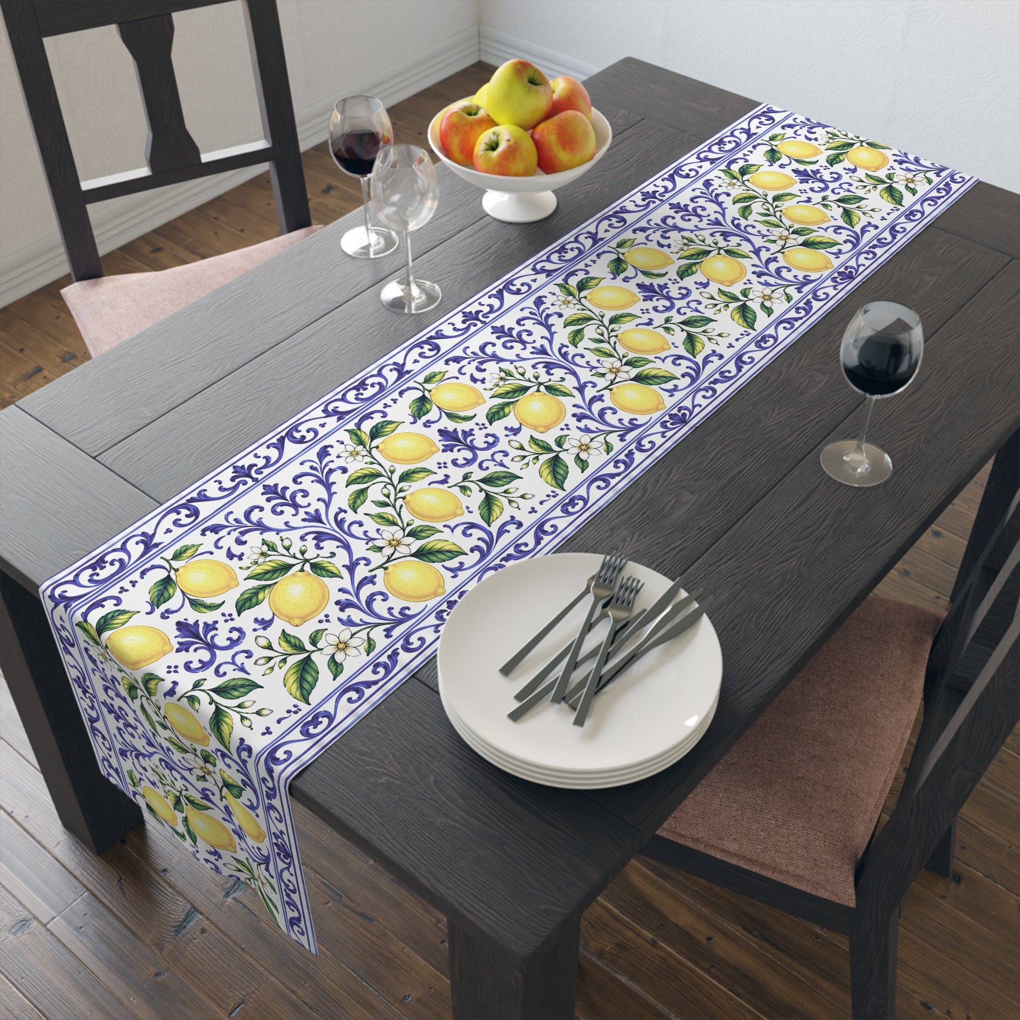 Little Italy Amalfi Blue and White with Lemon Table Runner – Mediterranean Blue & Yellow Dining Decor