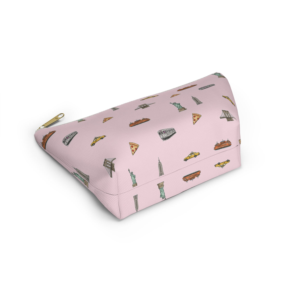 Icons of New York City Pink  Accessory Pouch — T-Bottom Makeup Bag with Statue of Liberty, Taxi & Pizza Pattern