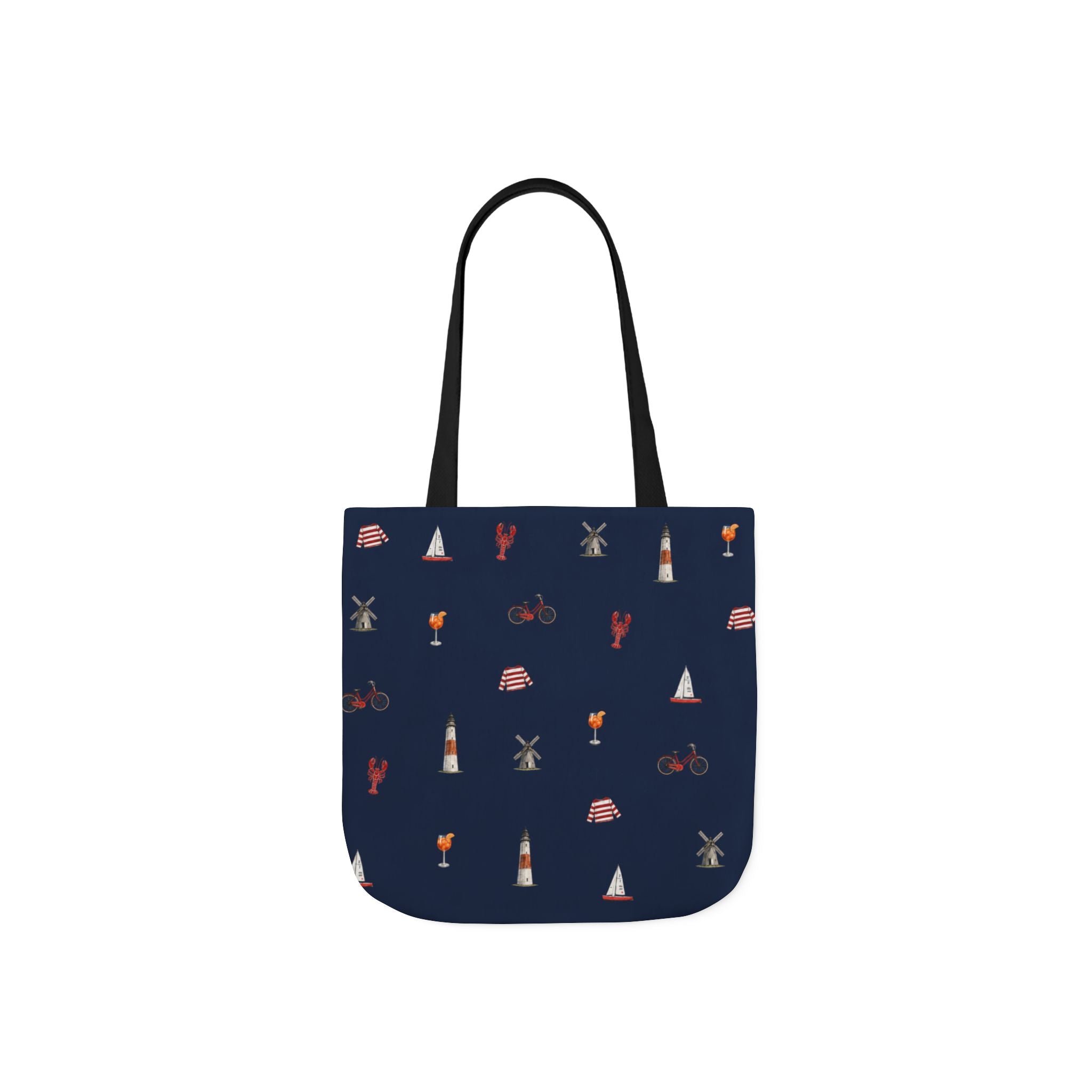 Icons of The Hamptons Blue Canvas Tote — Lighthouse, Windmill, Lobster, Sailboat print