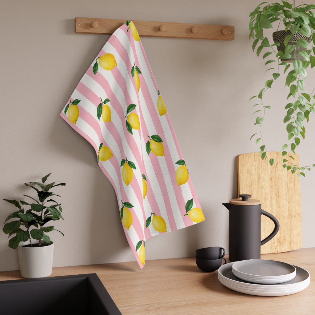 Little Italy Amalfi Pink and White with Lemon Tea Towel — Pink & White Stripes Kitchen Linen