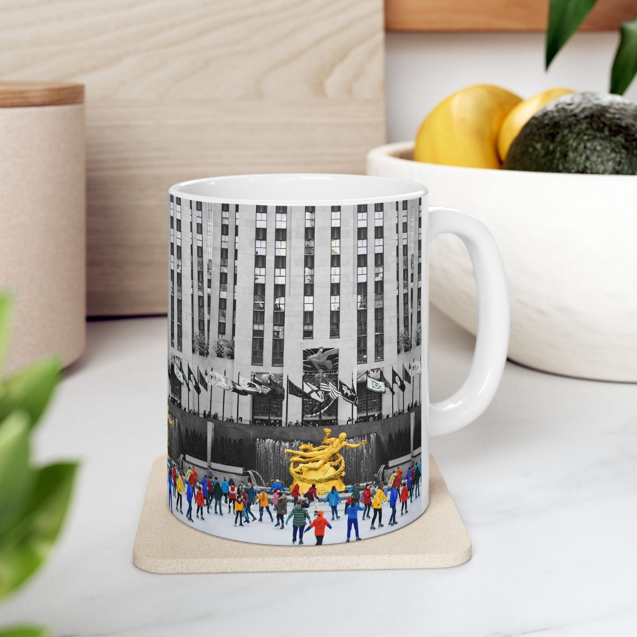 Rockefeller Center Ice Skating Scene Mug | NYC Gold Prometheus Ceramic Coffee Cup
