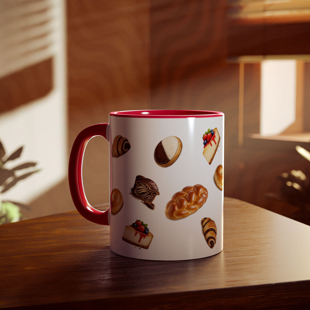 NYC Kosher Bakery Pattern Mug | Babka Cheesecake Rugelach Black + White Cookie Challah Bagel 11oz Ceramic Coffee Cup