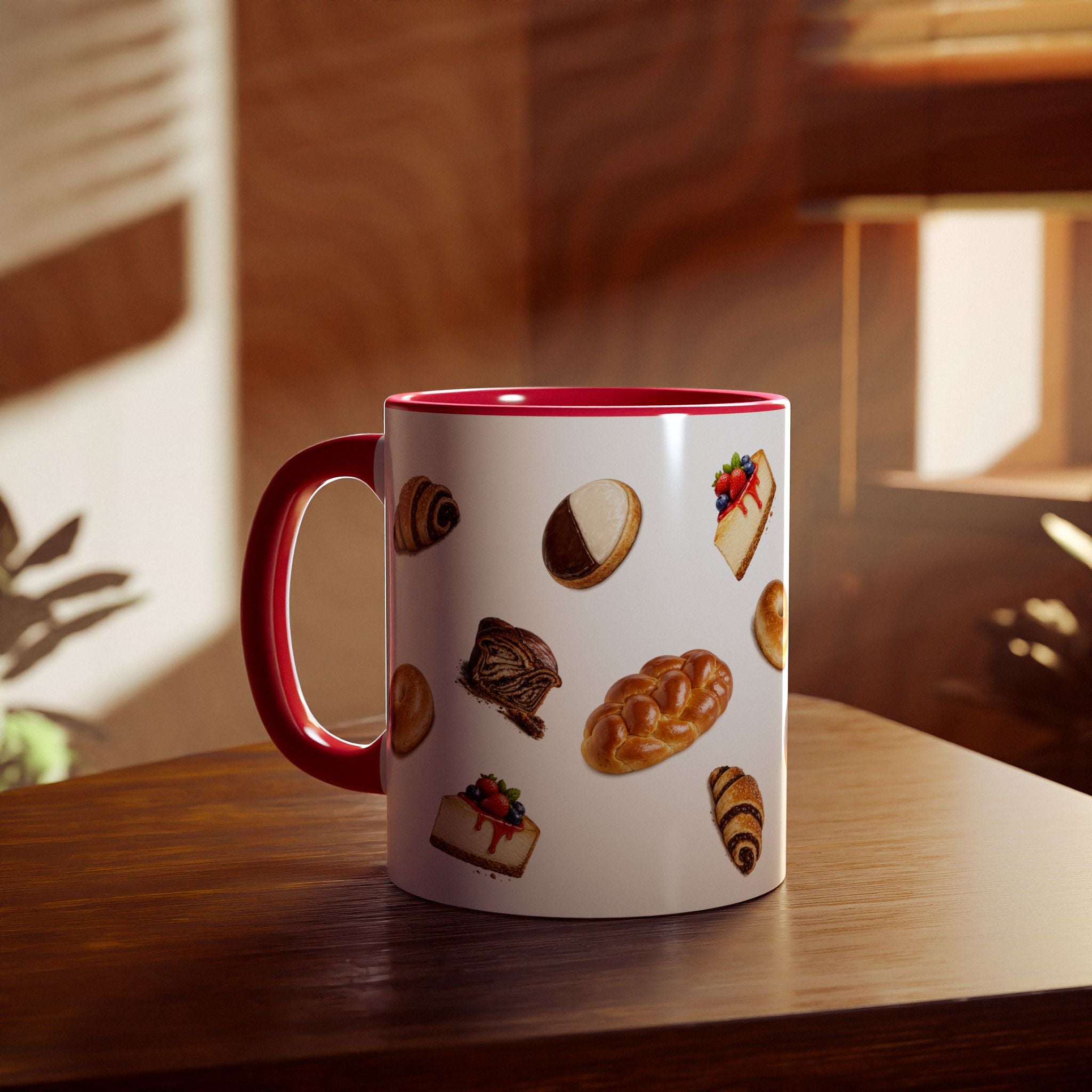 NYC Kosher Bakery Pattern Mug | Babka Cheesecake Rugelach Black + White Cookie Challah Bagel 11oz Ceramic Coffee Cup