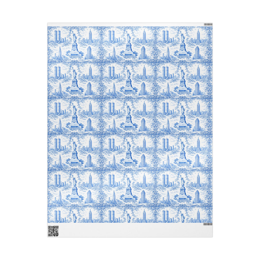 Manhattan NYC Blue Toile Gift Wrapping Papers   Chinoiserie New York City Gift Wrap Empire State Building Twin Towers Statue of Liberty