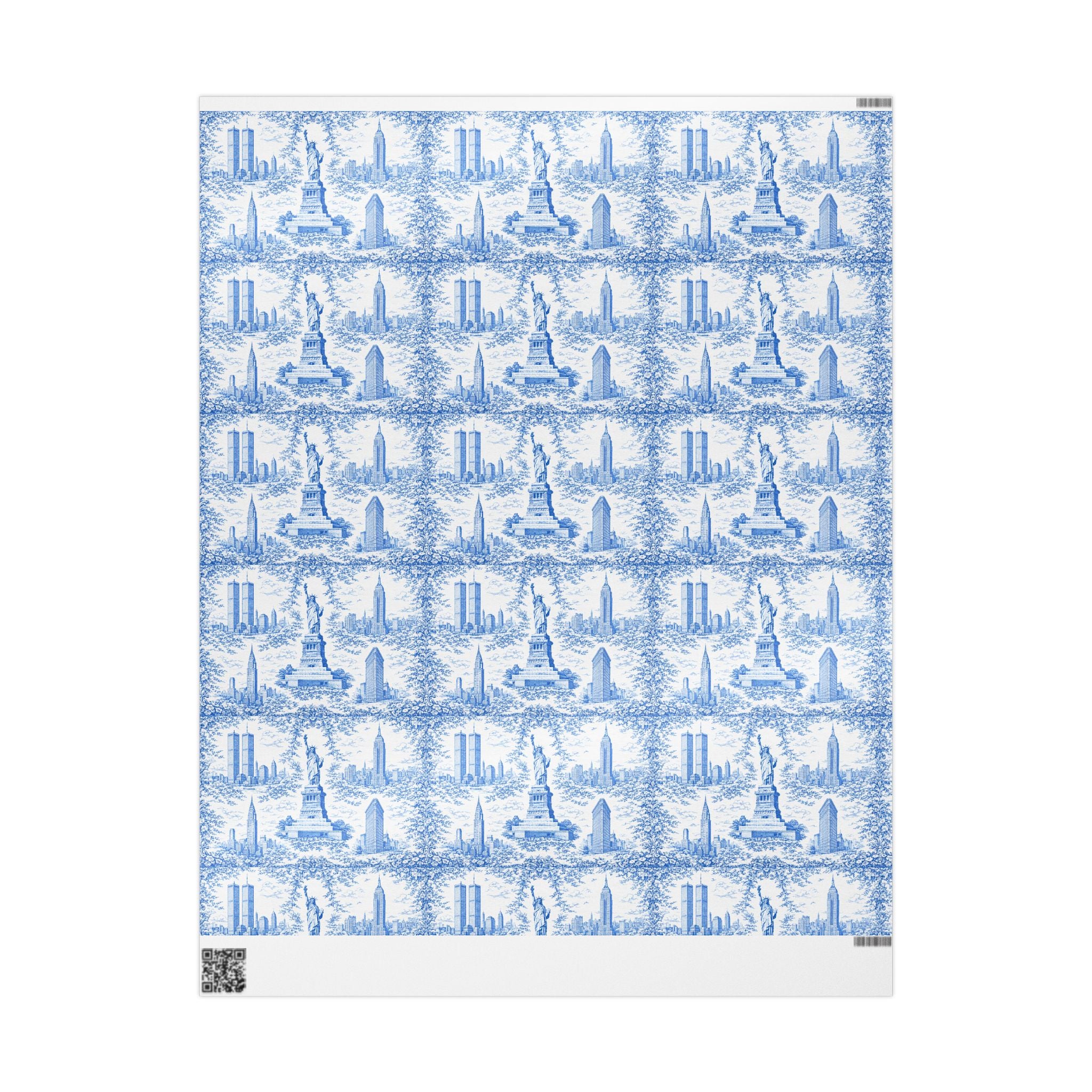 Manhattan NYC Blue Toile Gift Wrapping Papers   Chinoiserie New York City Gift Wrap Empire State Building Twin Towers Statue of Liberty