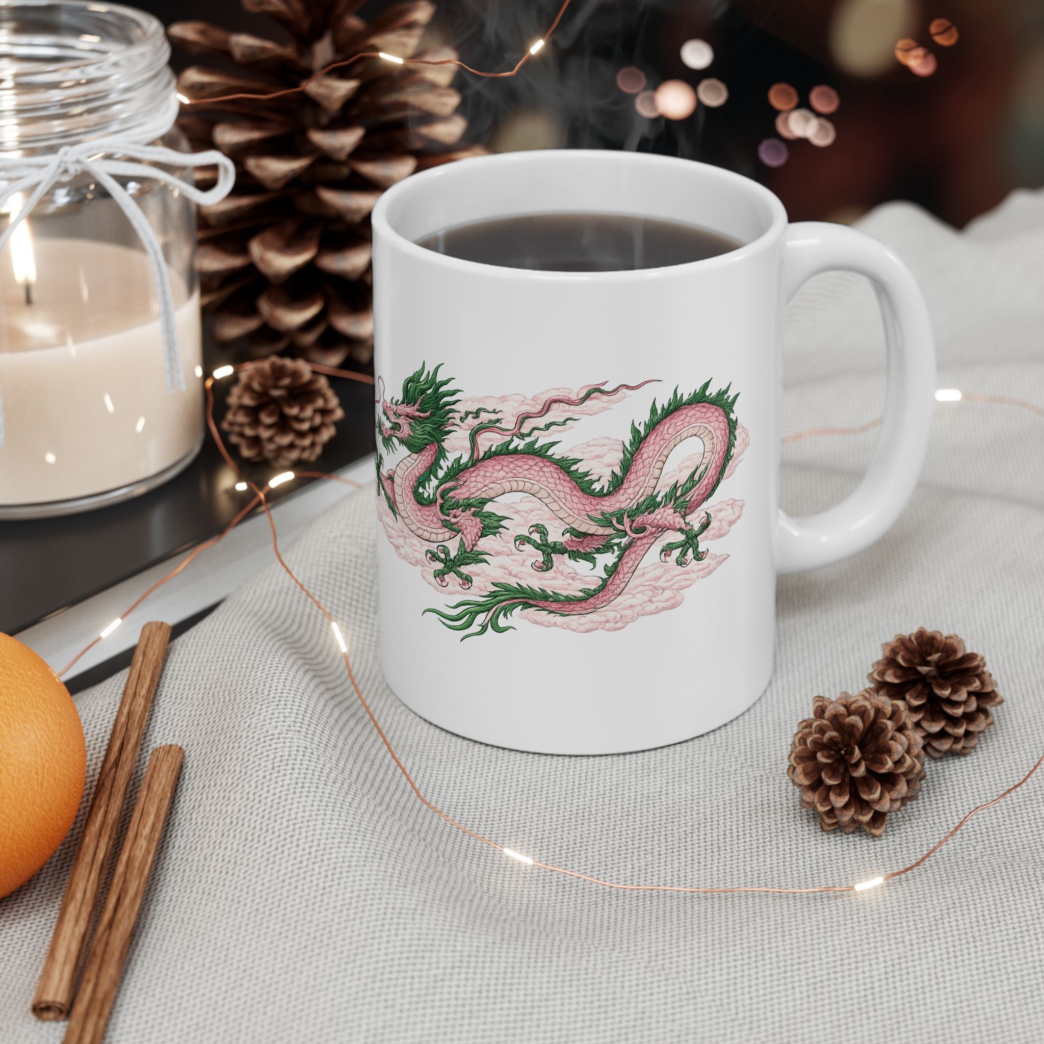 Chinatown NYC Pink Dragon Ceramic Mug — Chinese Mythology Coffee Cup 11oz