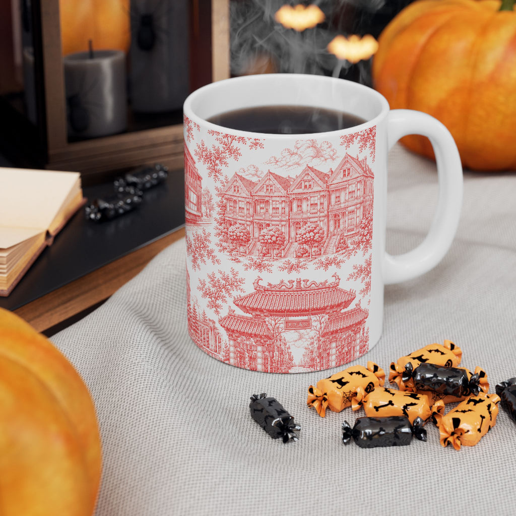 San Francisco RedToile de Jouy Ceramic Mug — Vintage Cable Car & Palace of Fine Arts Design (11oz)
