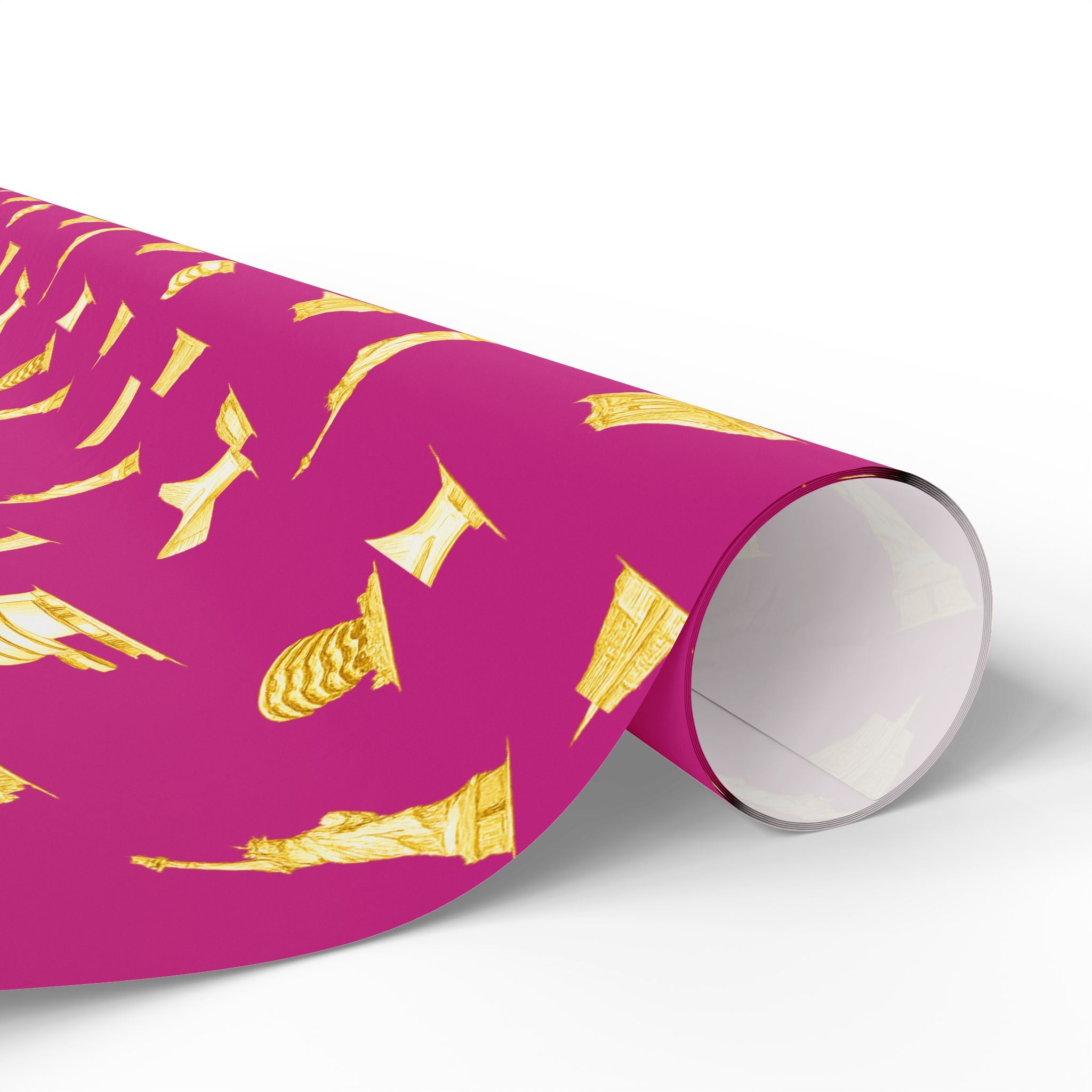 Gold NYC Landmarks on Pink Gift Wrap Paper | New York Statue of Liberty Oculus Vessel Brooklyn Bridge Guggenheim Wrapping Paper Roll