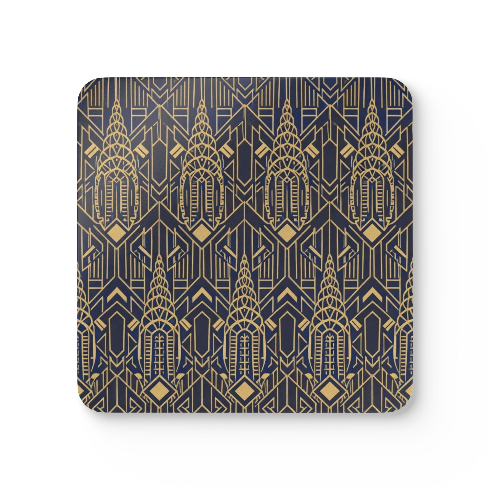 Art Deco Chrysler Building Gold & Navy Cork Coaster Set — Geometric Vintage Cocktail Coasters Set of 4