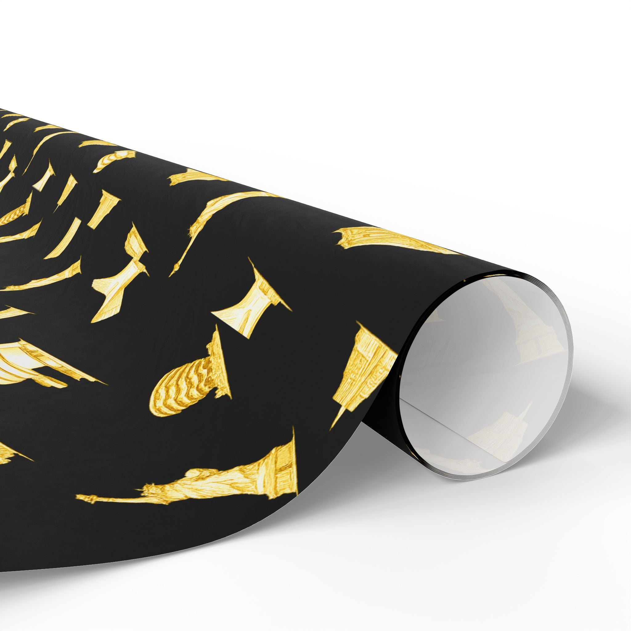 Gold NYC Landmarks on Black Gift Wrap Paper | New York Statue of Liberty Oculus Vessel Brooklyn Bridge Guggenheim Wrapping Paper Roll