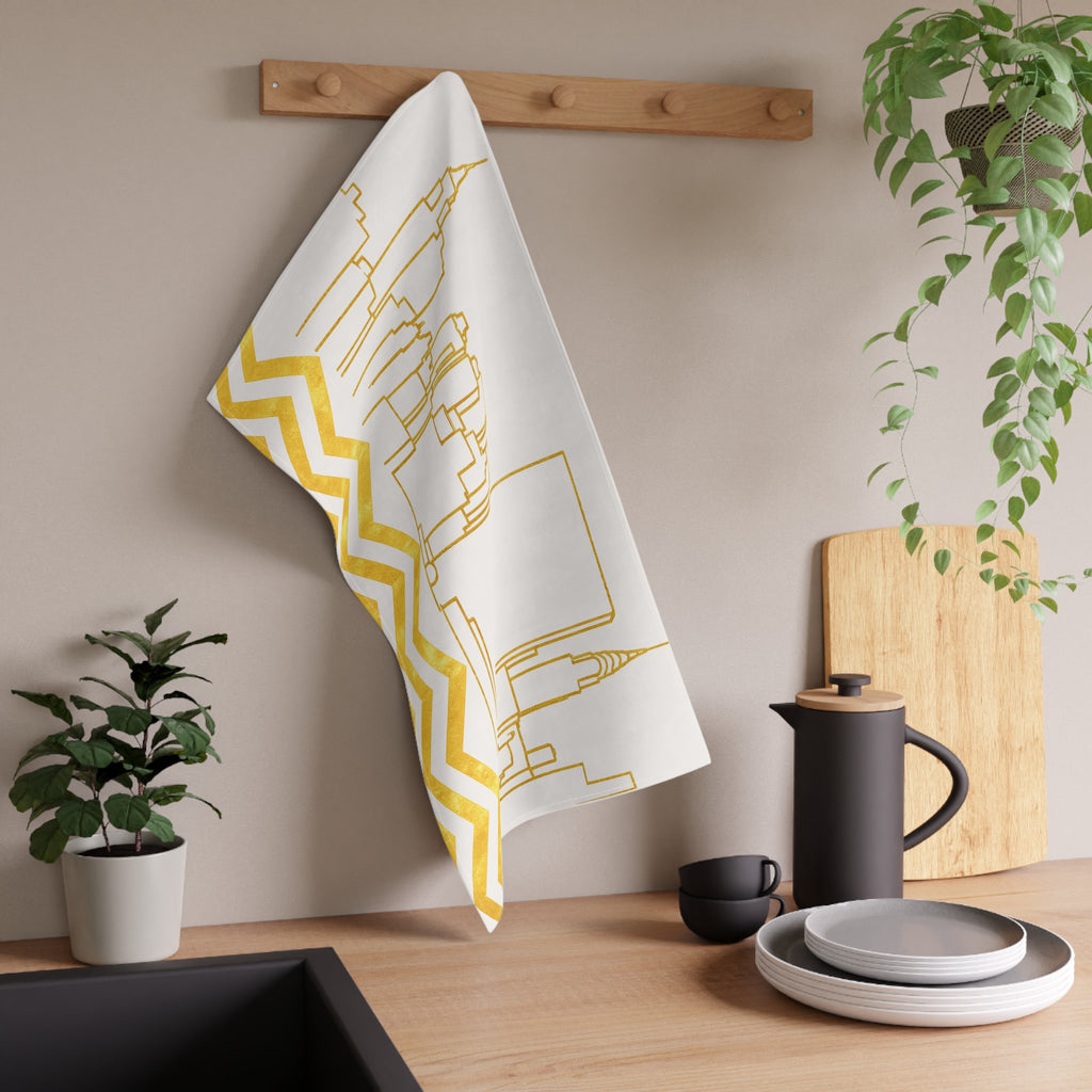 NYC Manhattan Skyline Gold Chevron Tea Towel — Minimal Gold & White New York City Skyline Kitchen Linen