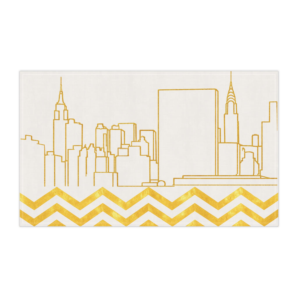 NYC Manhattan Skyline Gold Chevron Tea Towel — Minimal Gold & White New York City Skyline Kitchen Linen