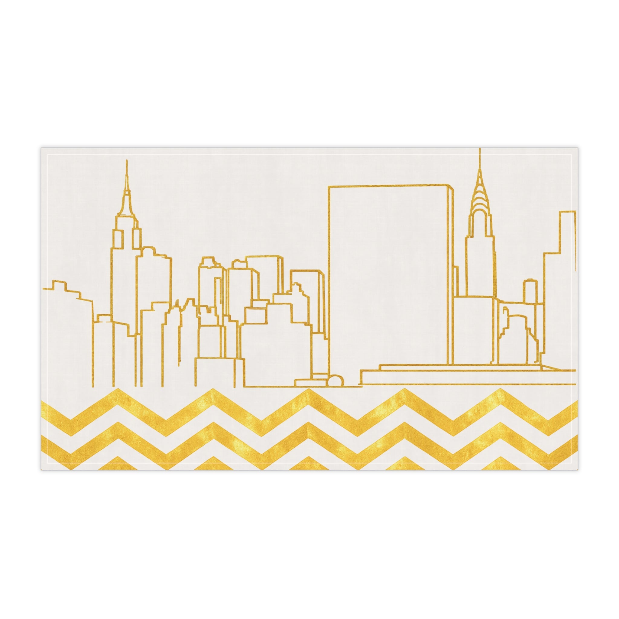 NYC Manhattan Skyline Gold Chevron Tea Towel — Minimal Gold & White New York City Skyline Kitchen Linen