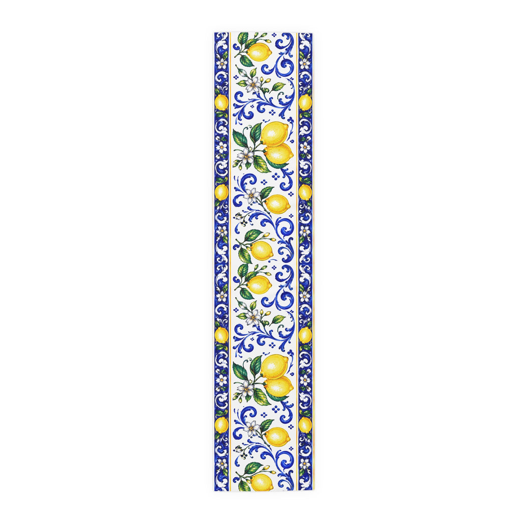 Little Italy Amalfi Blue and White with Lemon Table Runner – Mediterranean Blue & Yellow Dining Decor