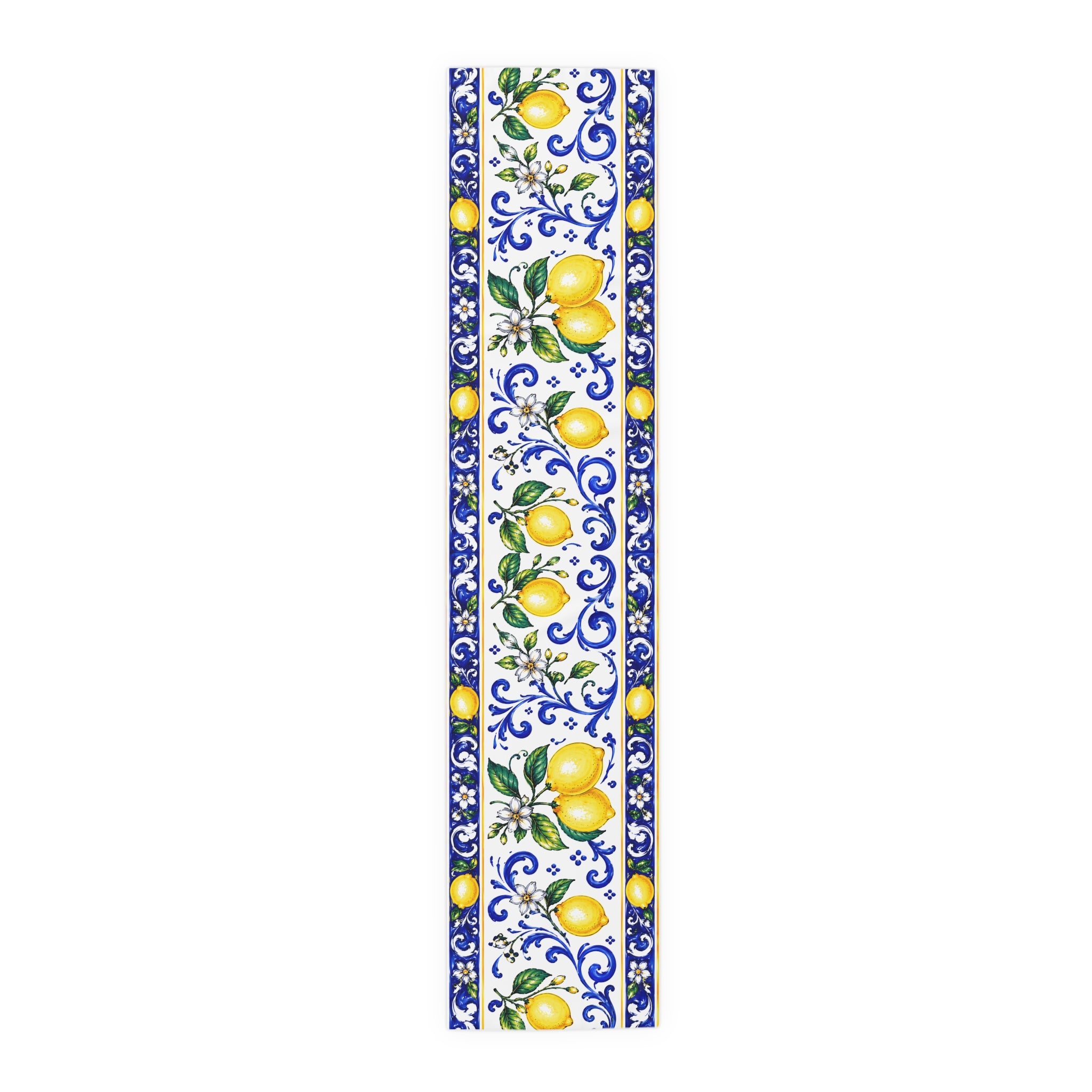 Little Italy Amalfi Blue and White with Lemon Table Runner – Mediterranean Blue & Yellow Dining Decor