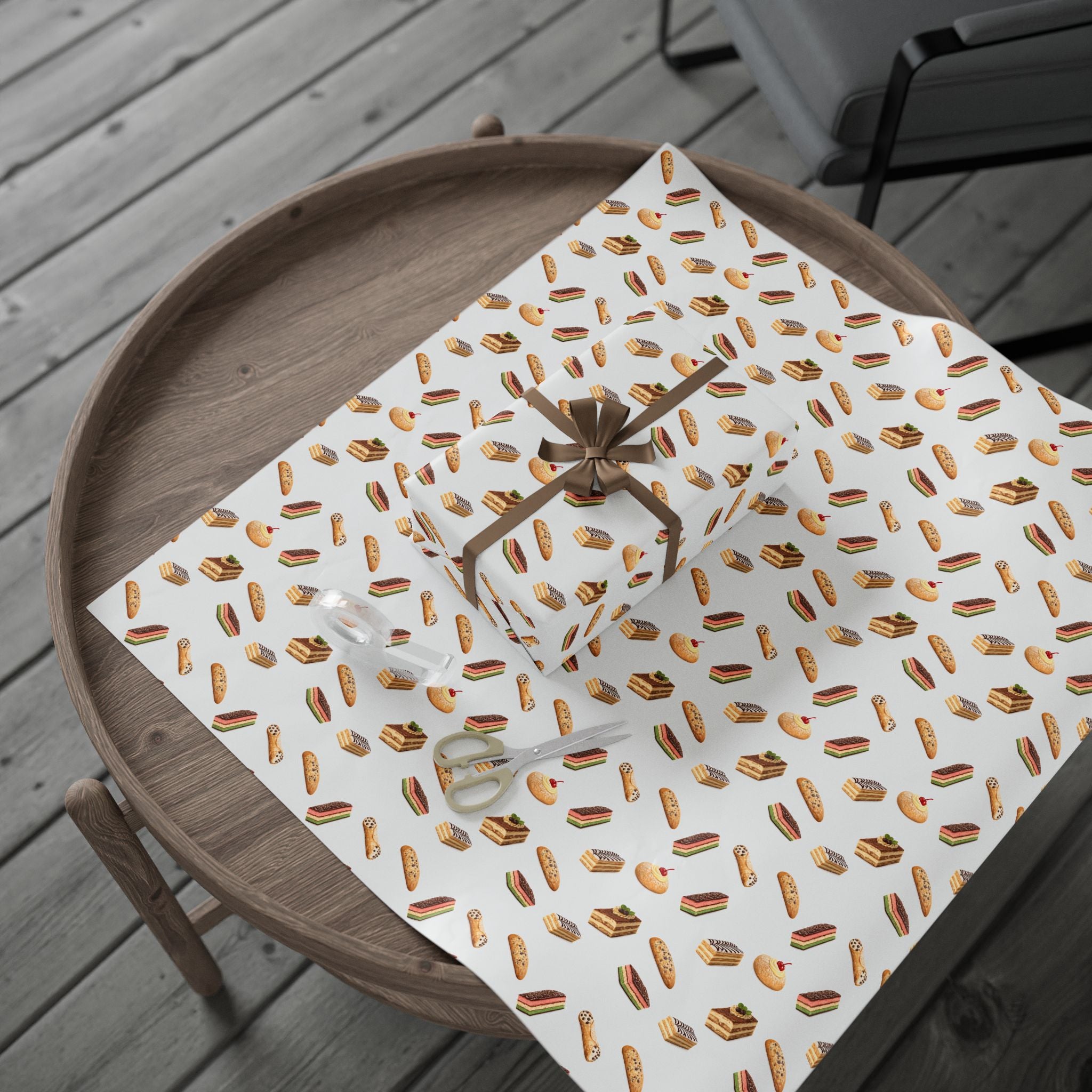 Italian Bakery Pastry Pattern Gift Wrap Paper | White Bakery Pastries Biscotti Tiramisu Rainbow Cookies Wrapping Paper Roll