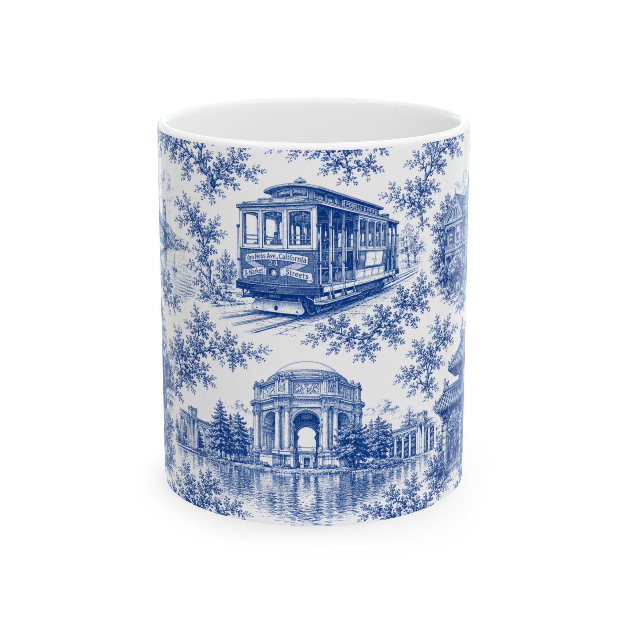 San Francisco Blue Toile de Jouy Ceramic Mug — Vintage Cable Car & Palace of Fine Arts Design (11oz)
