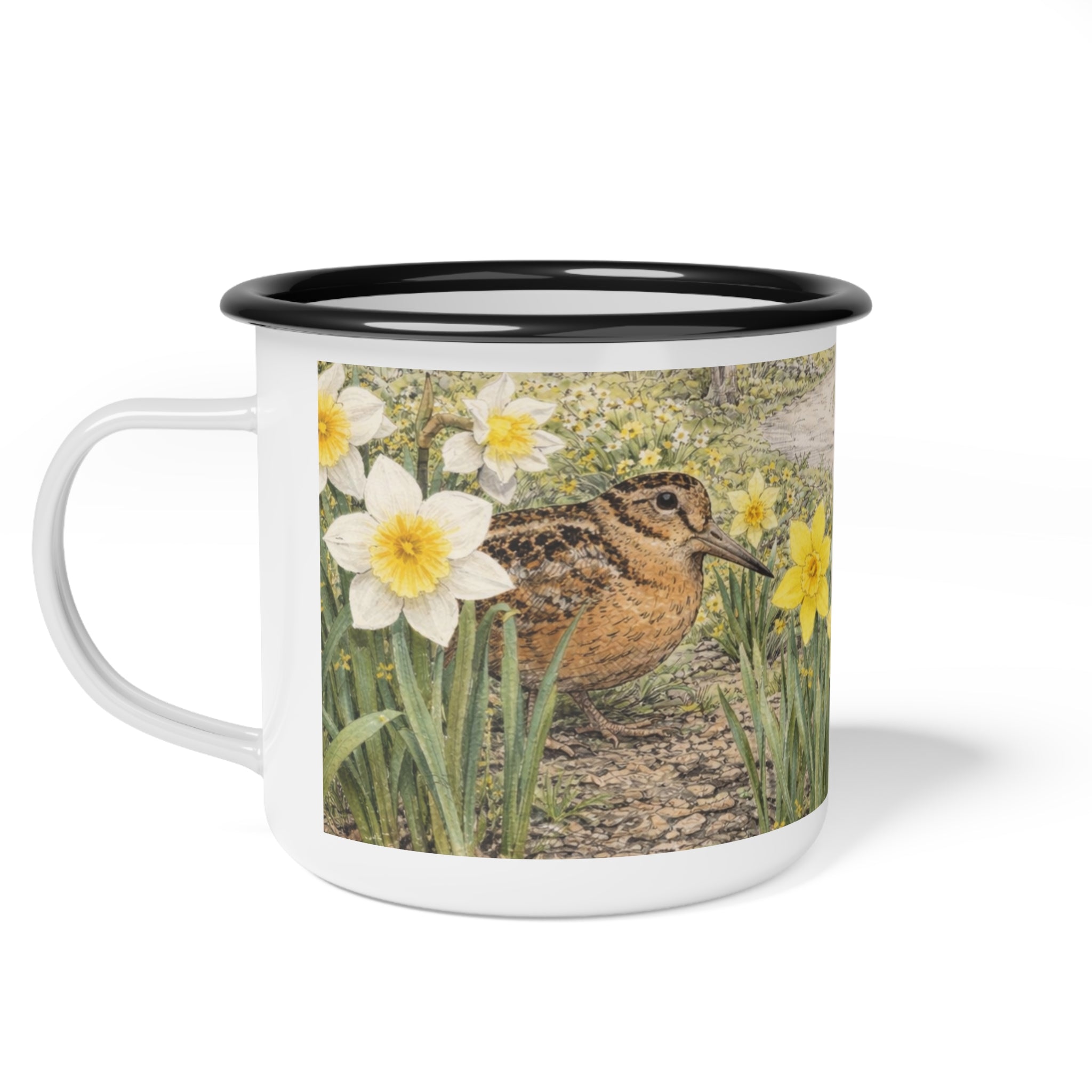 Bryant Park American Woodcock Springtime Enamel Camping Mug — Woodcock Bird Illustration, Rustic Outdoor Campgrounds Coffee Cup