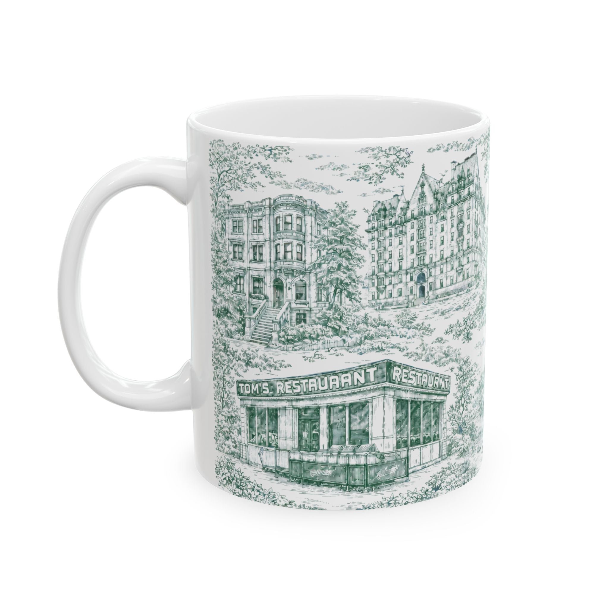 Upper West Side Green and White Toile Mug | New York Chinoiserie Ceramic Coffee Cup