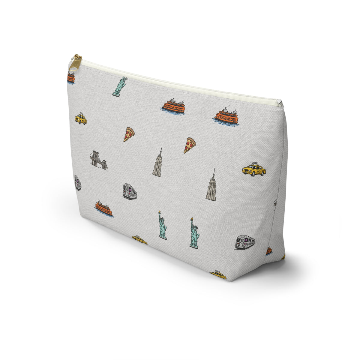 Icons of New York City Large Heather Gray Accessory Pouch — T-Bottom Makeup Bag with Statue of Liberty, Taxi & Pizza Pattern