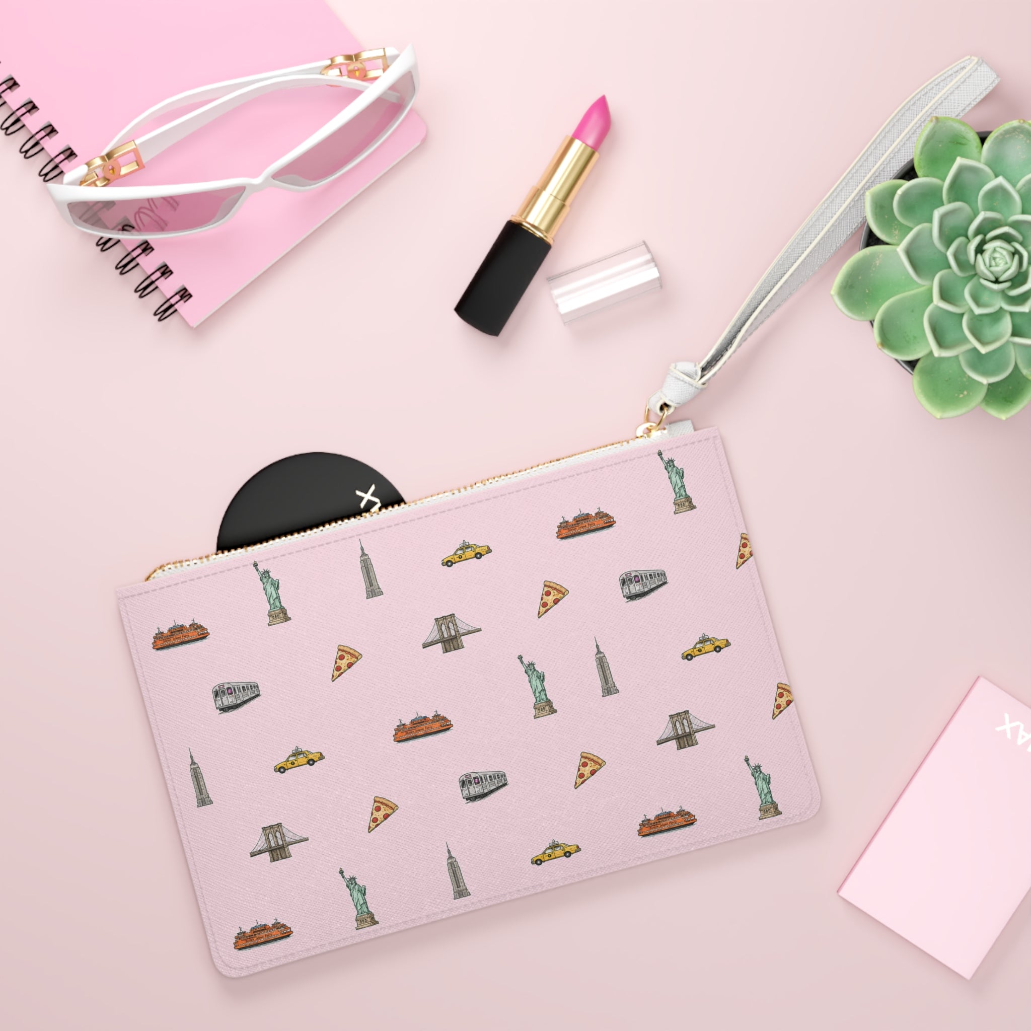 Icons of New York City Pink Clutch — Statue of Liberty, Taxi & Pizza Pattern