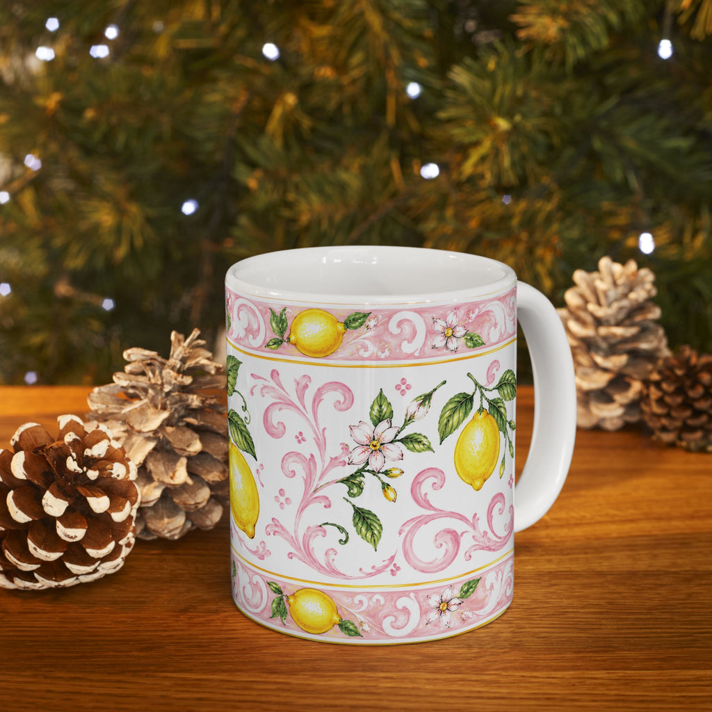Little Italy Amalfi Pink with Lemon Mug — Italian Mediterranean Pattern Coffee Cup (11oz)