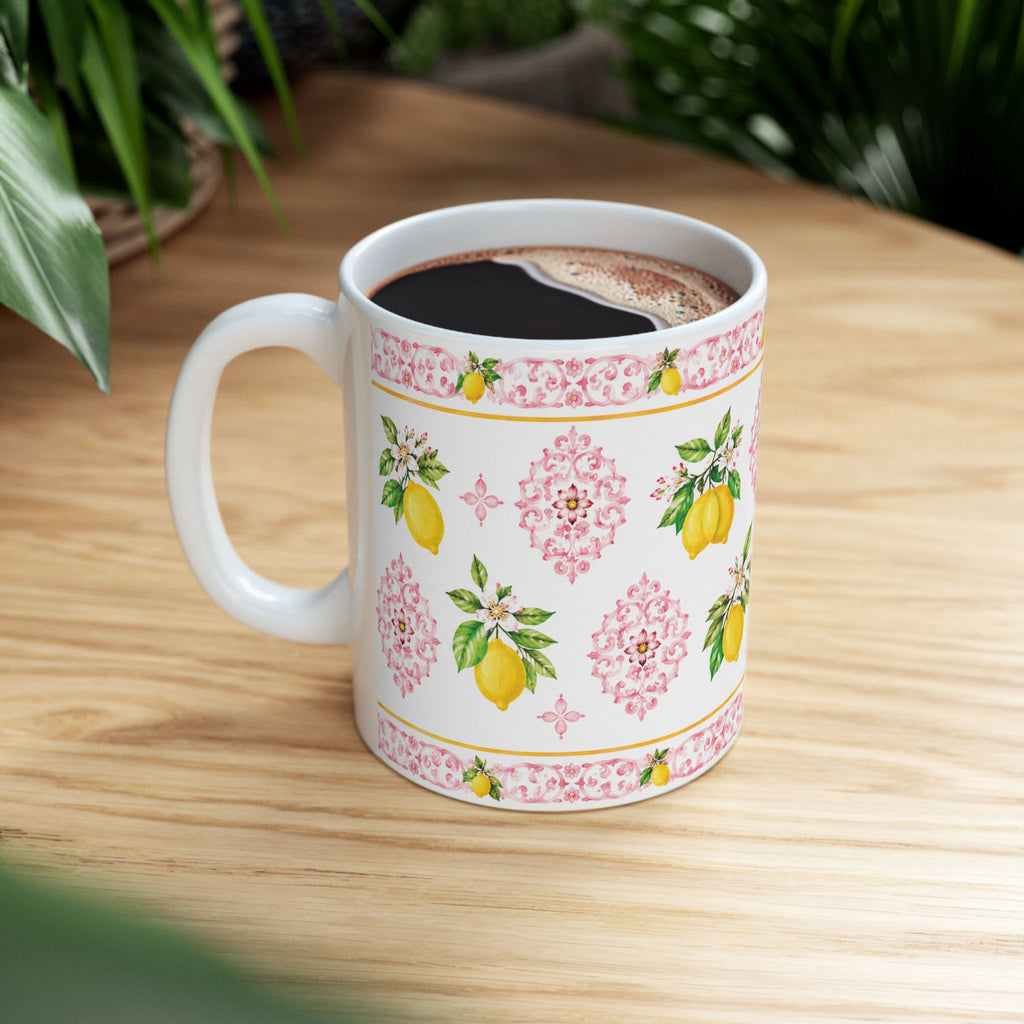 Little Italy Amalfi Pink with Lemon 3 Mug — Italian Mediterranean Pattern Coffee Cup (11oz)