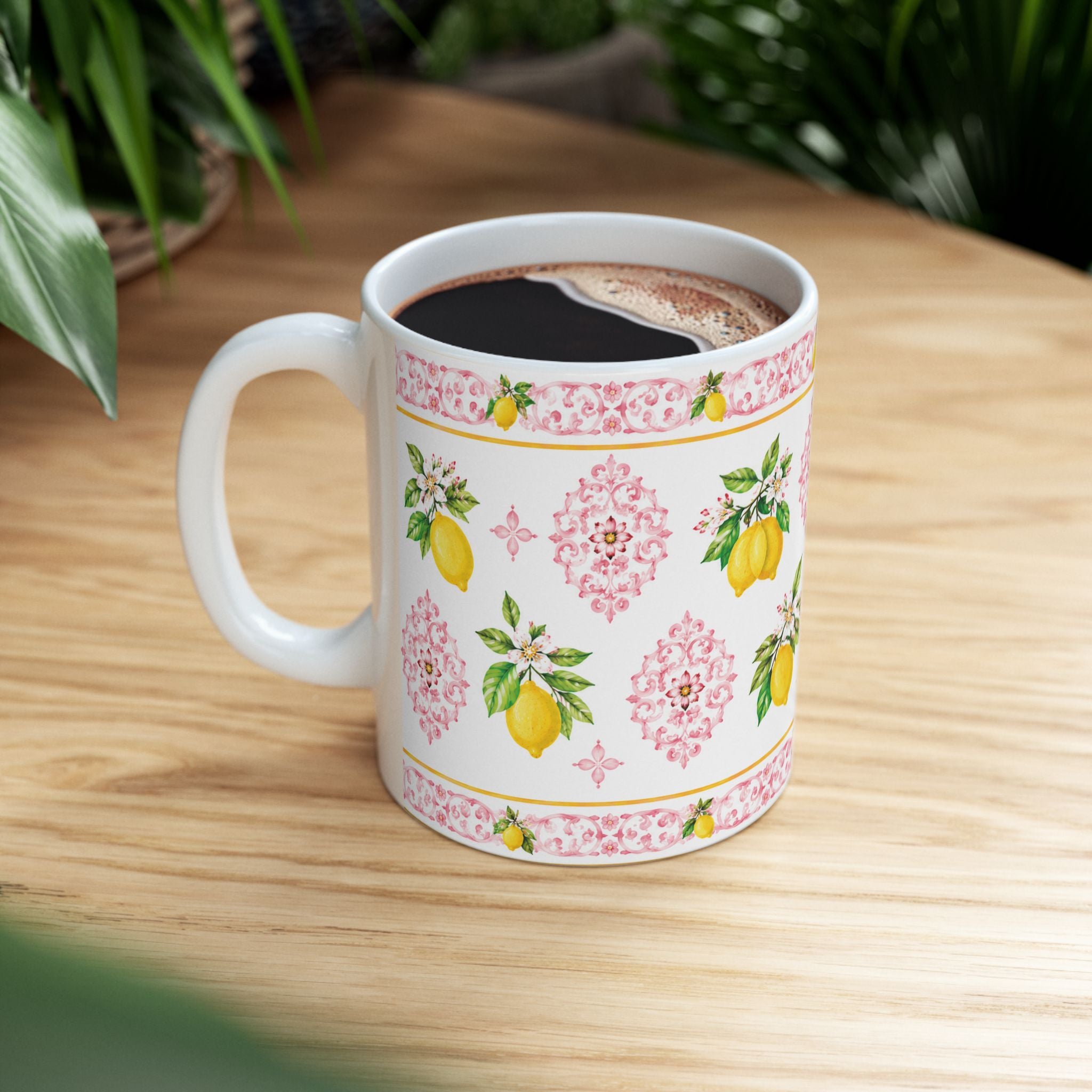 Little Italy Amalfi Pink with Lemon 3 Mug — Italian Mediterranean Pattern Coffee Cup (11oz)