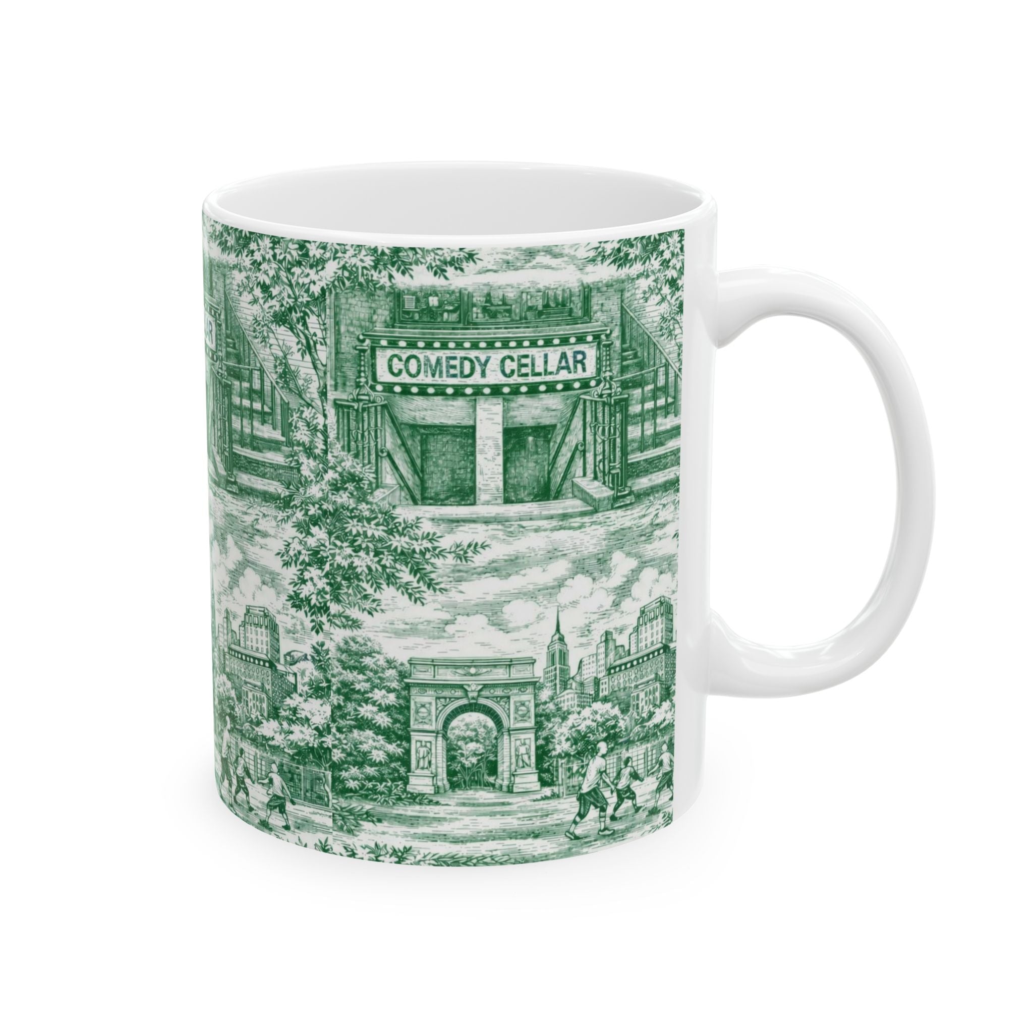 Greenwich Village Green and White Toile de Jouy Mug | NYC Chinoiserie Ceramic Coffee Cup