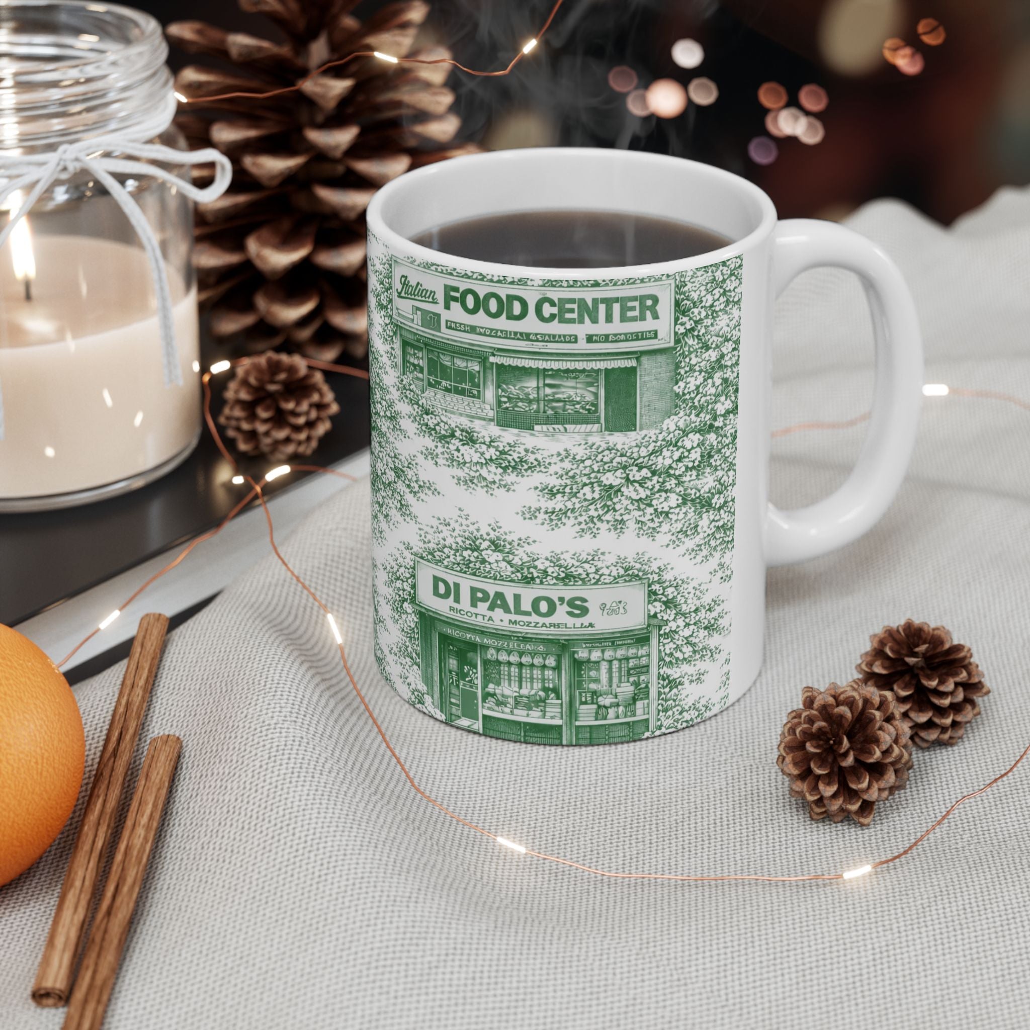 Little Italy Green Toile Cityscape Mug | NYC Chinoiserie Ceramic Coffee Cup