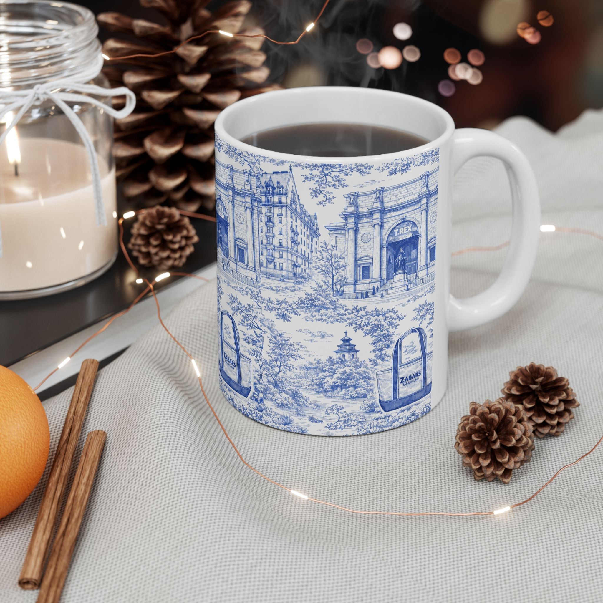 Upper West Side Blue and White Toile Mug | New York Chinoiserie Ceramic Coffee Cup