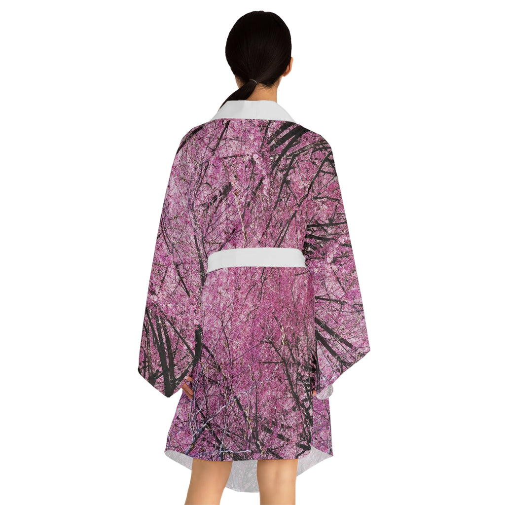 Flushing Queens Cherry Blossom Kimono Robe — Pink Sakura Long Sleeve House Robe