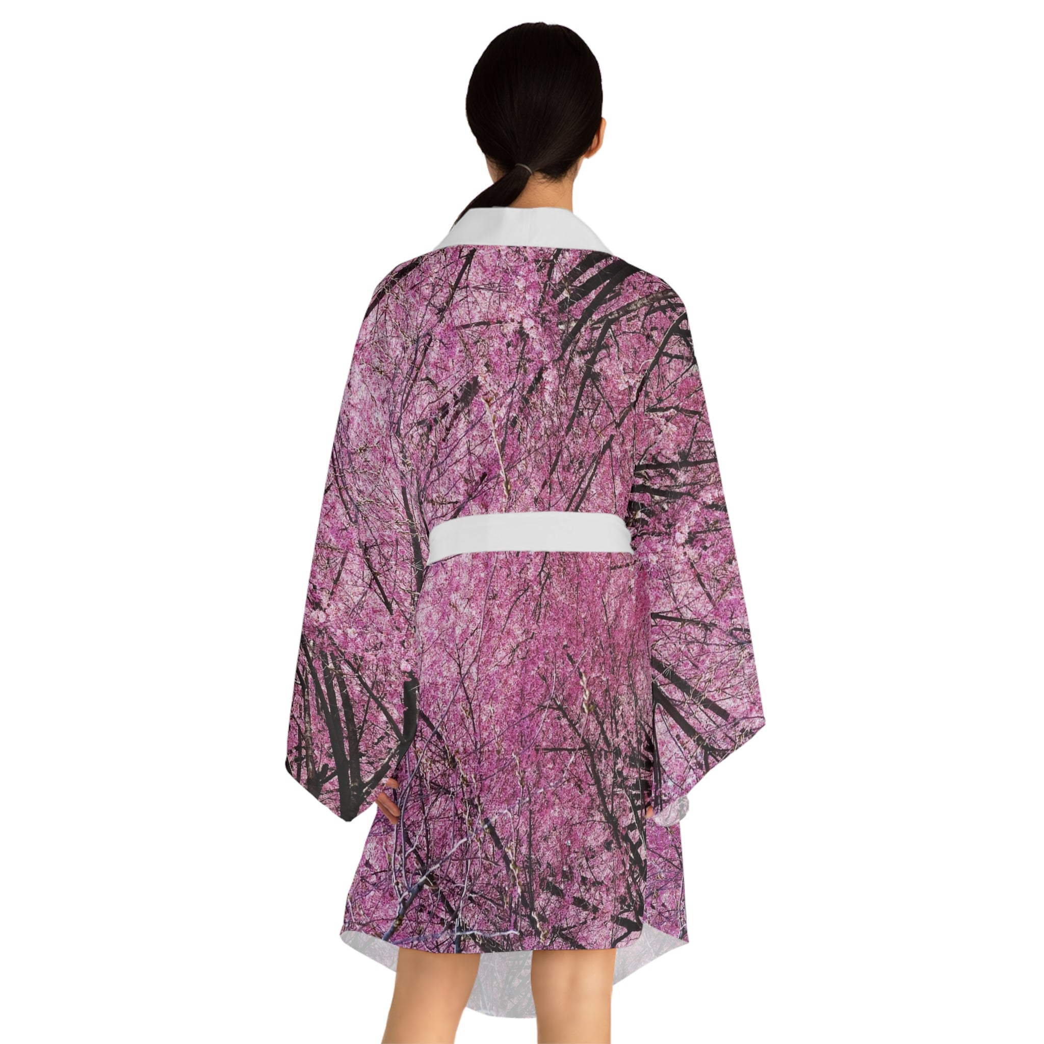 Flushing Queens Cherry Blossom Kimono Robe — Pink Sakura Long Sleeve House Robe