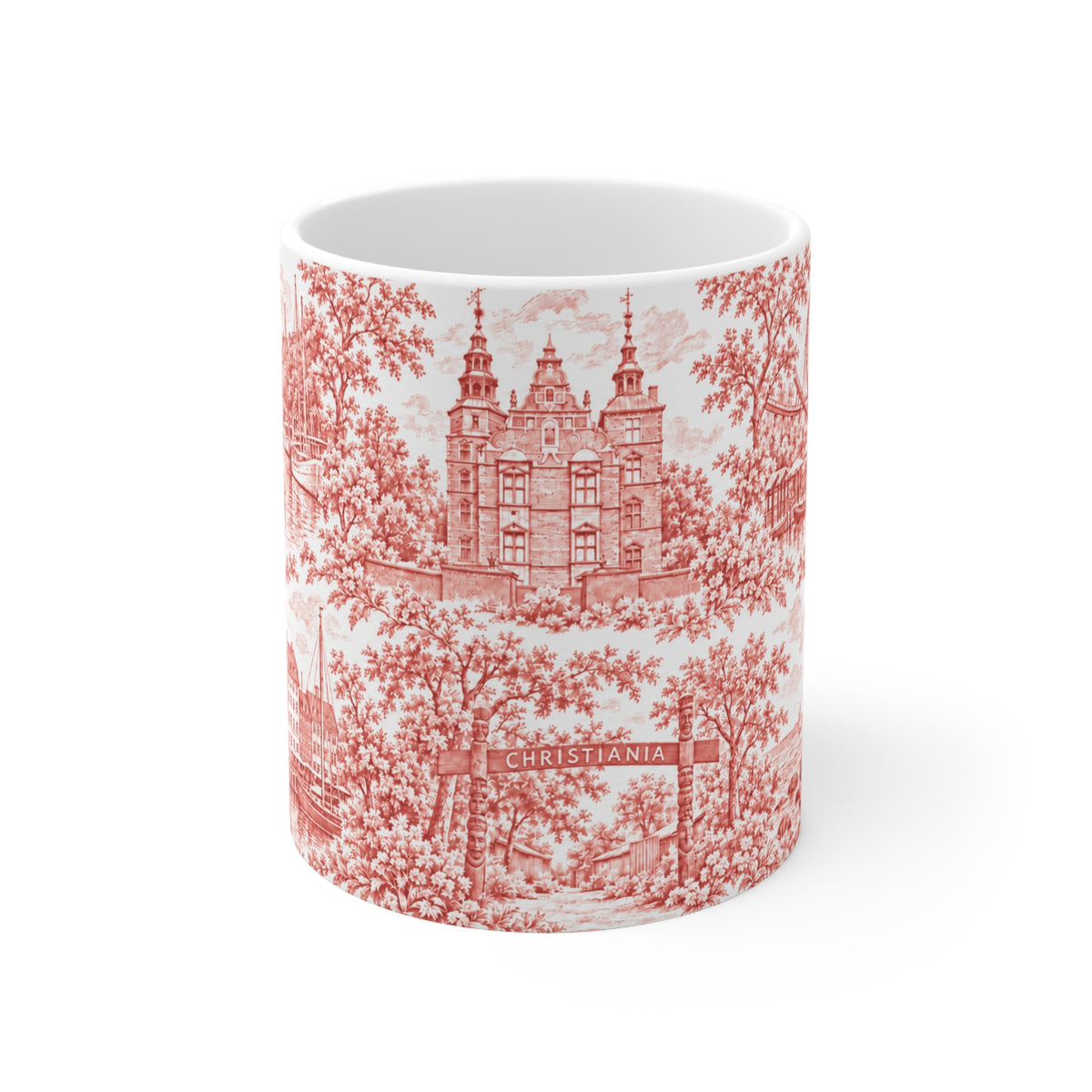 Copenhagen Red Toile de Jouy Ceramic Coffee Mug (11 oz, Ships from Europe)