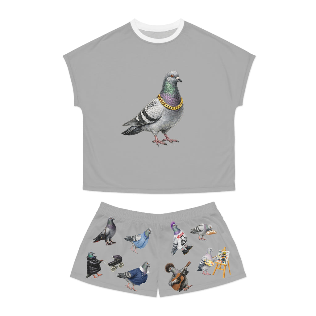 Gray NYC Pigeons Pattern Short Pajama Set | New York City Bird Lovers PJs Cozy Sleepwear