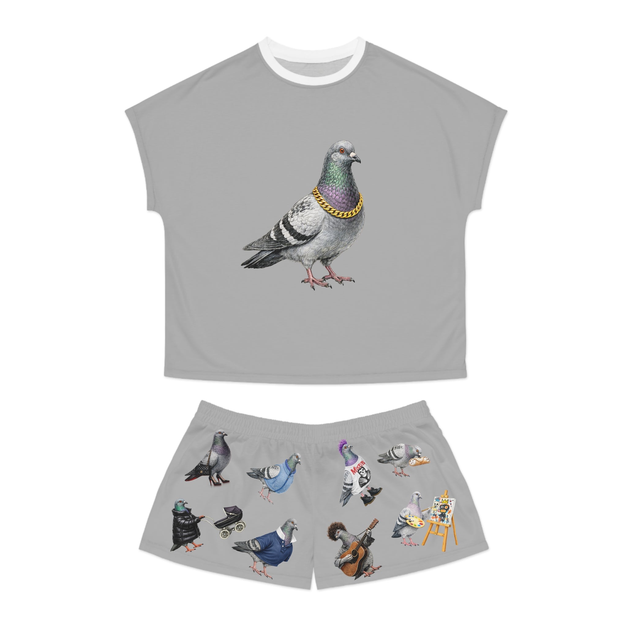 Gray NYC Pigeons Pattern Short Pajama Set | New York City Bird Lovers PJs Cozy Sleepwear