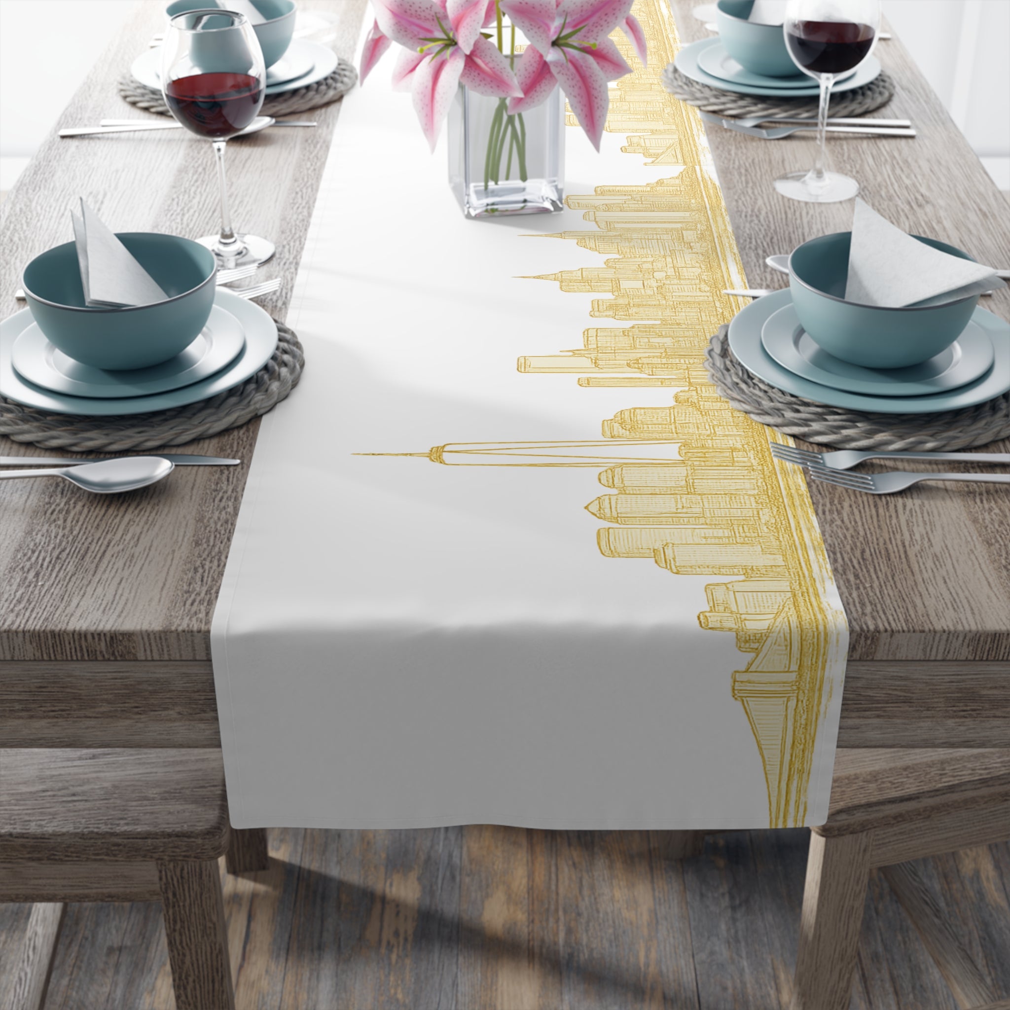Gold Downtown New York City Skyline Table Runner — NYC Downtown Manhattan Cityscape Table Decor for Modern Dining