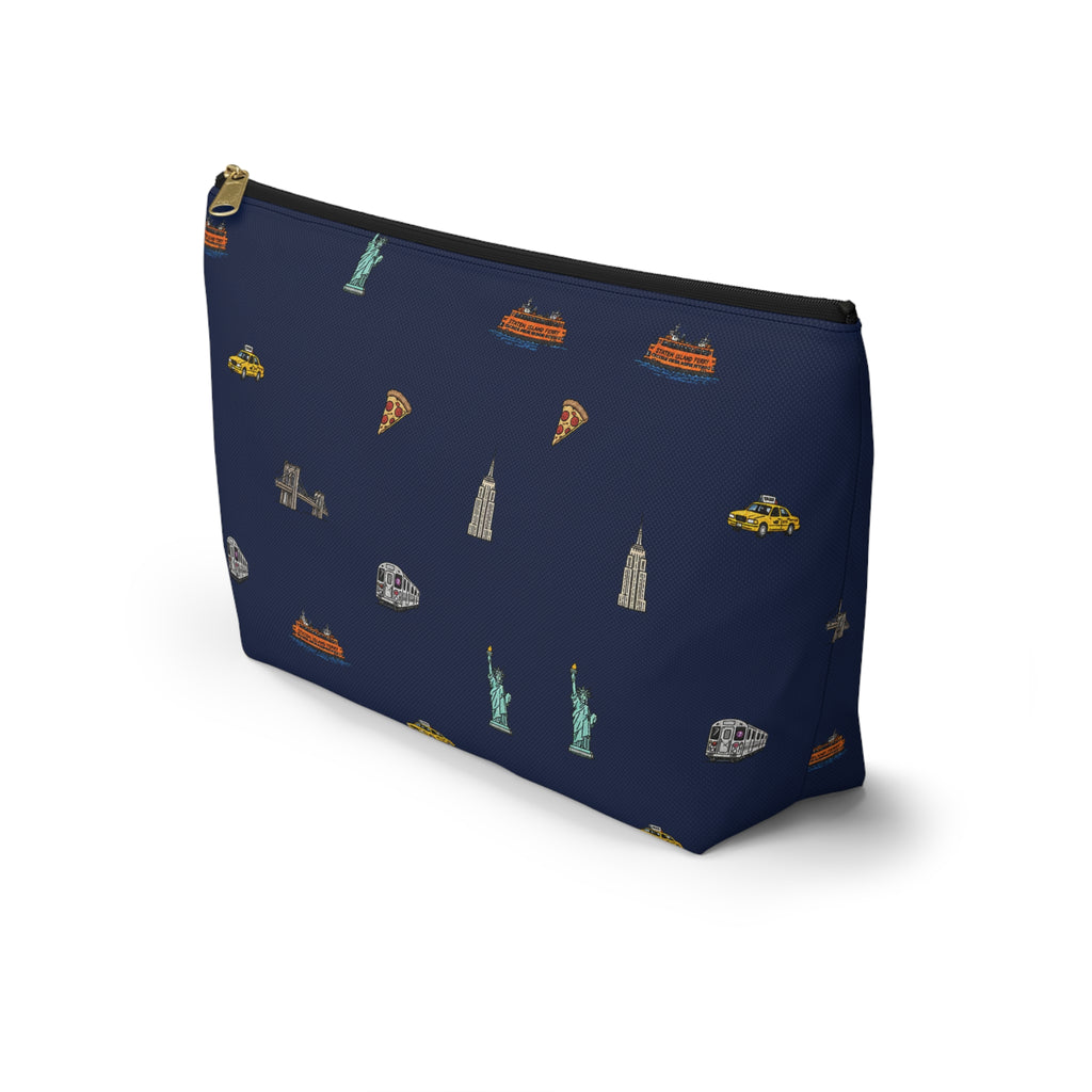 Icons of New York City Large Navy Blue Accessory Pouch — T-Bottom Makeup Bag with Statue of Liberty, Taxi & Pizza Pattern